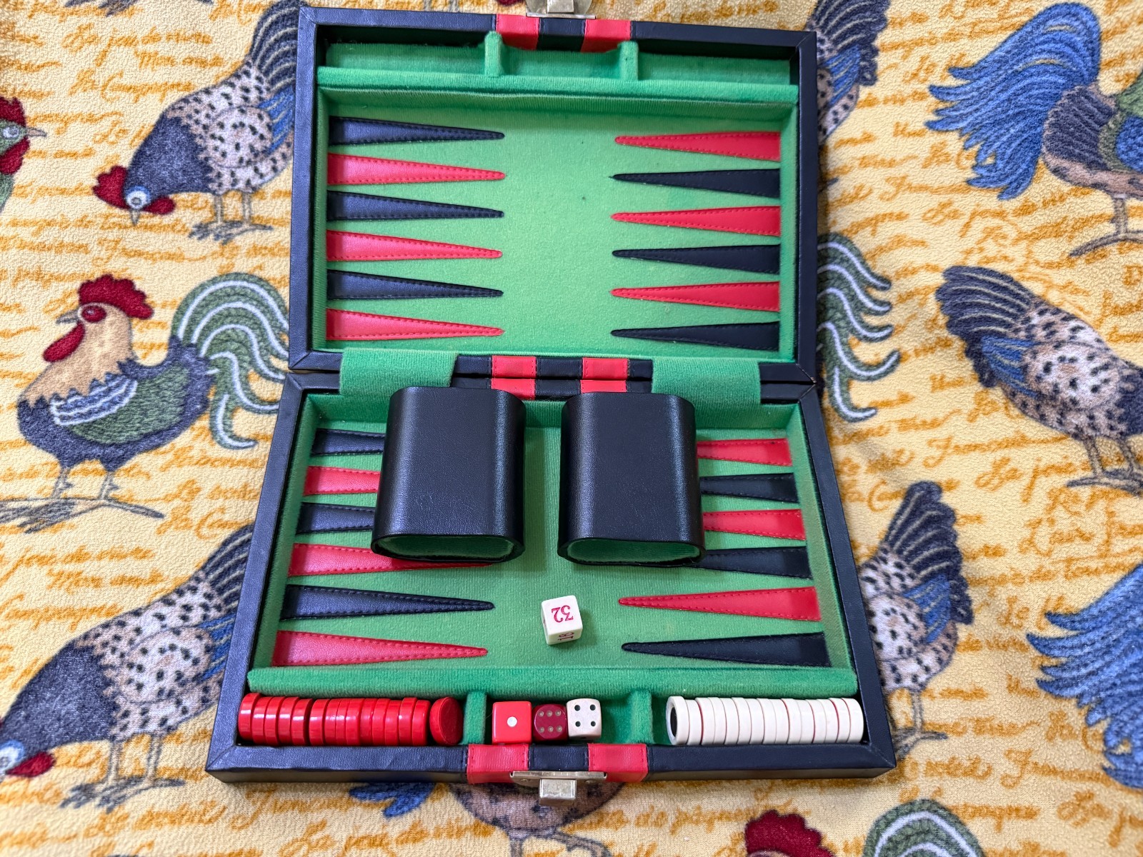 Reiss Vintage Travel Backgammon Board Game Black Red Green Leather Case