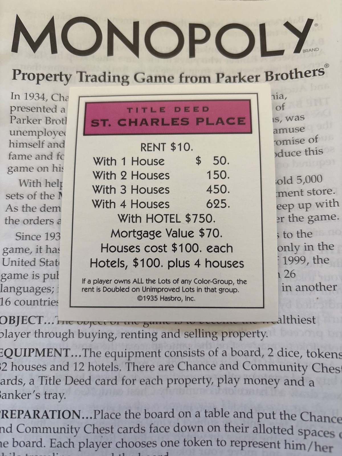 VTG 1999 Monopoly ST. Charles Place Pink Title Deed Card Game Piece Part