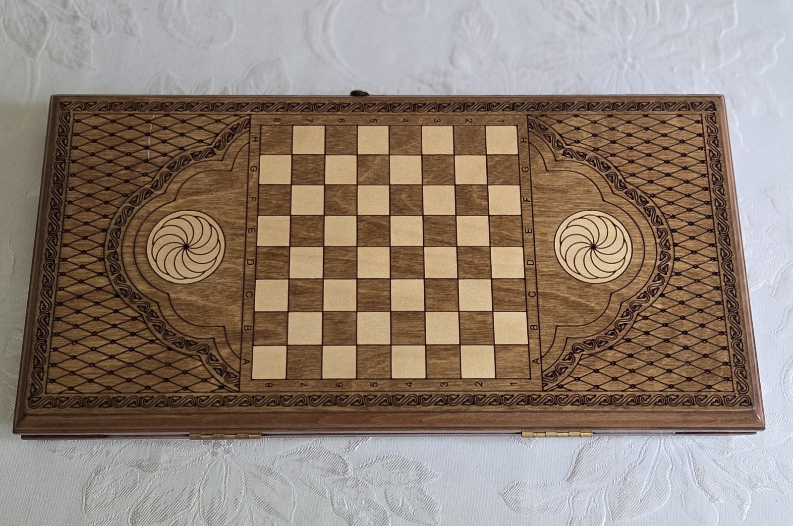 Carved Etched Wood Backgammon & Checkerboard Game Set Tree Of Life Compact