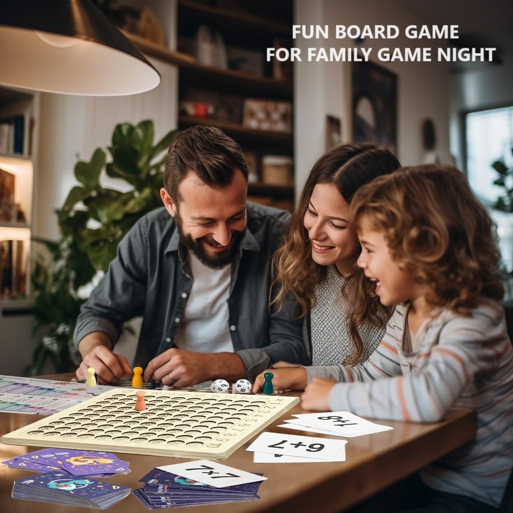 2 in 1 Math Board Game for Kids – Wooden Double Sided Table with Dice and Cards