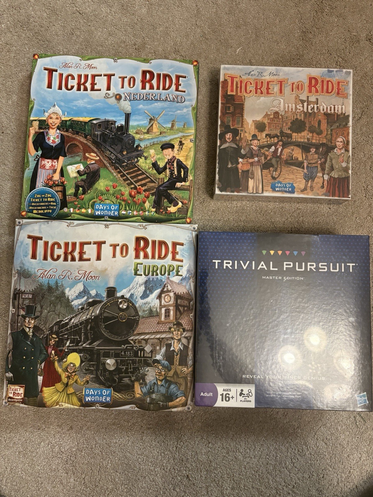 4 Board Games: Ticket to Ride Europe, Nederland, Amsterdam, Trivial Pursuit