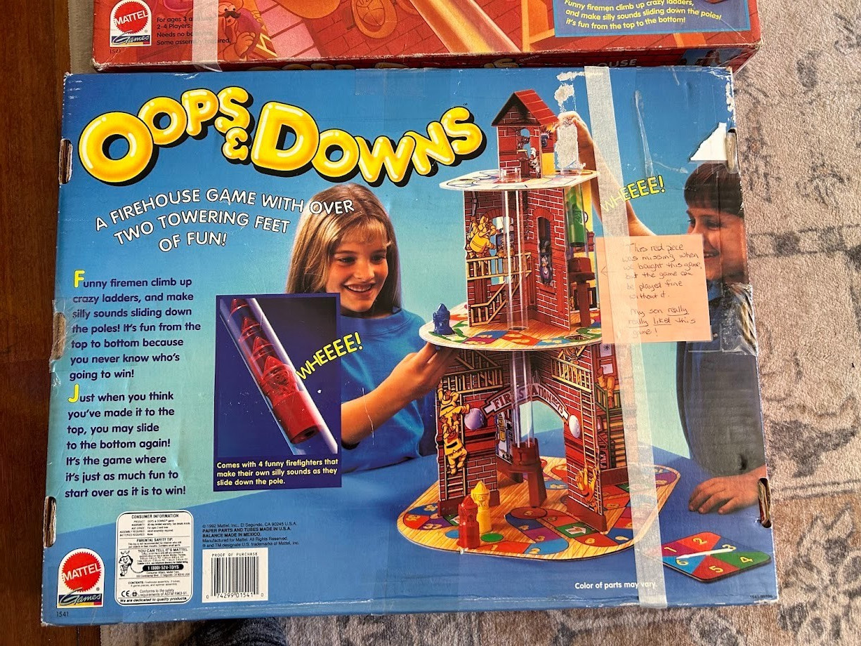 Oops & Downs Firehouse Full of Fun Board Game 1992 Mattel Missing 1 Piece (tube)