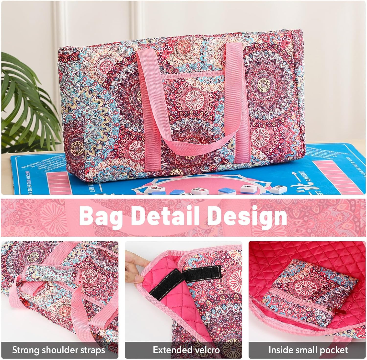American Mahjong Tile Set with Pink Printed Carrying Bag, 166 Blue Tiles, 4 All-