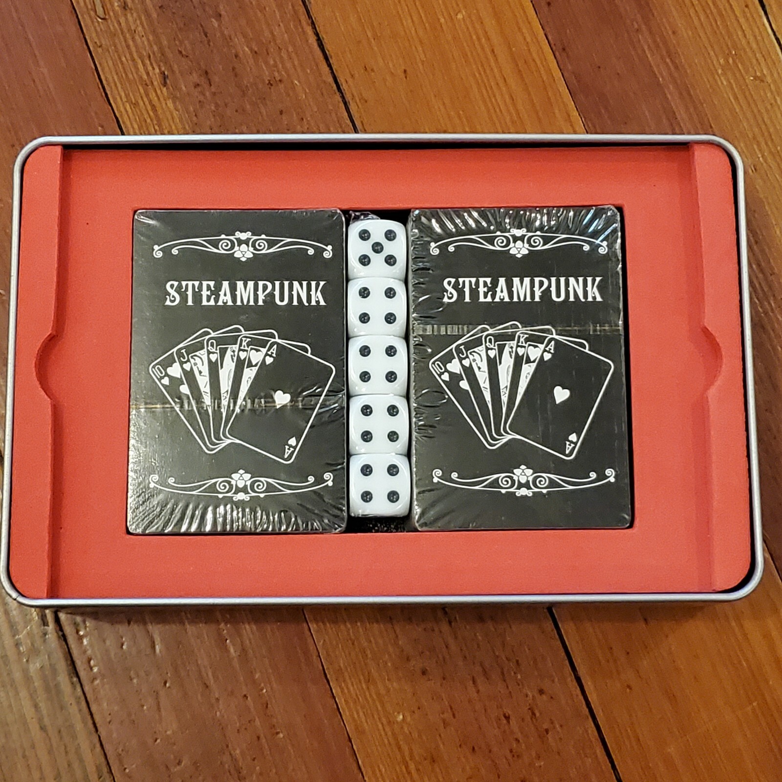 Steampunk Gentlemen’s Playing Cards Games 2 Packs, Instructions & 5 Dice in Tin