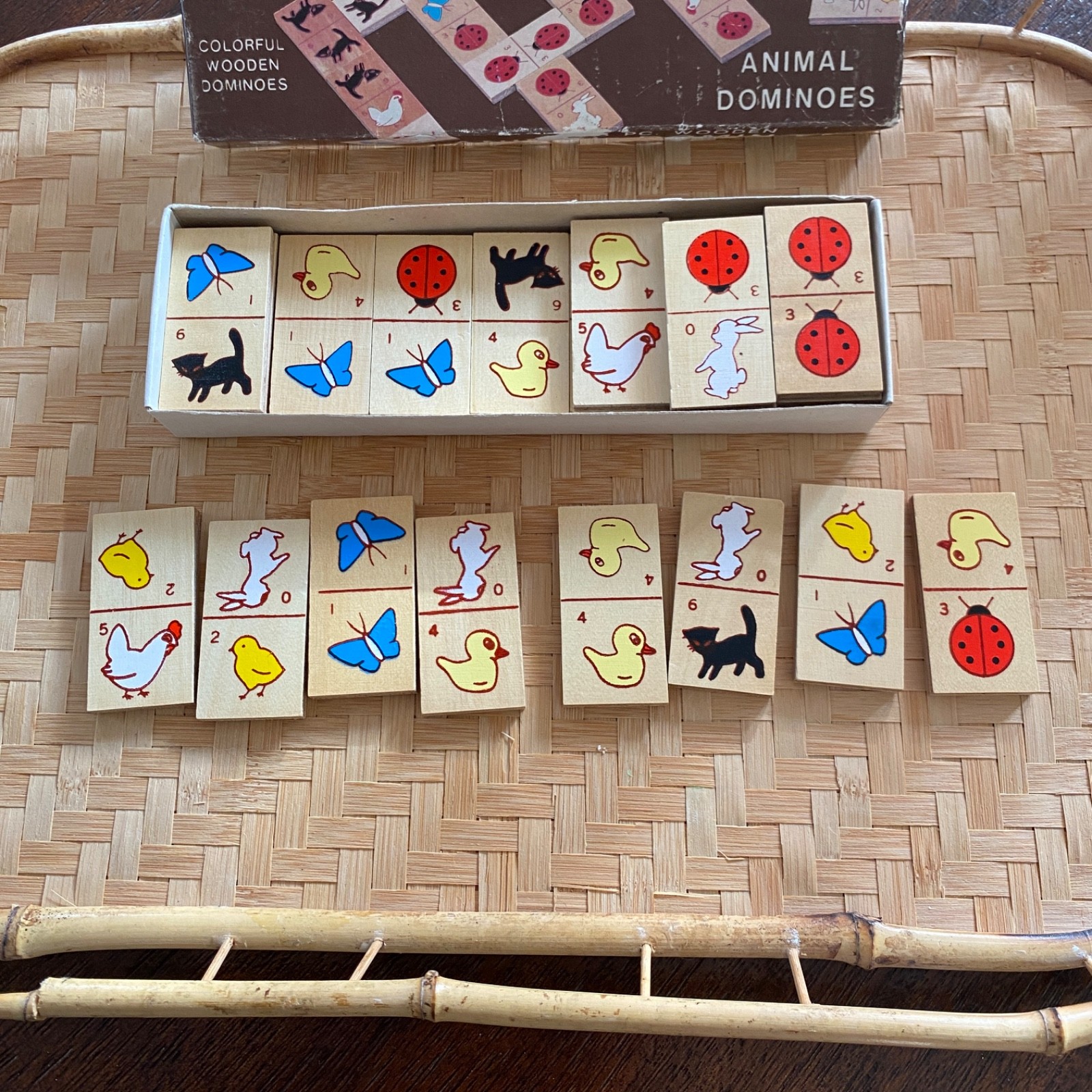 Vintage 1984 Colorful Wooden Animal Dominoes 28 pc Set w/ Box and Instructions
