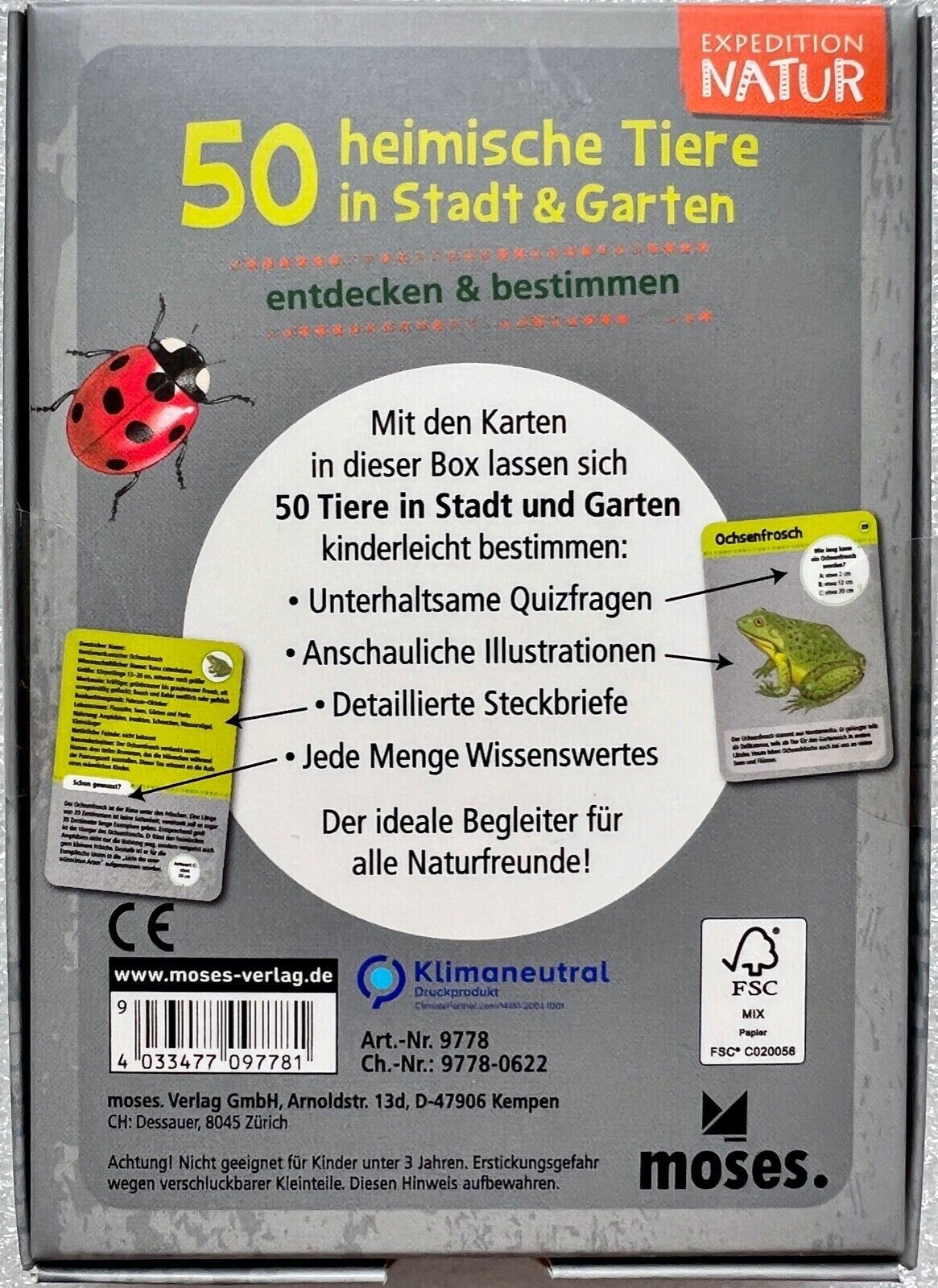 50 heimische Tiere Stadt & Garten Expedition Natur Moses Lernspiel Karten 9778