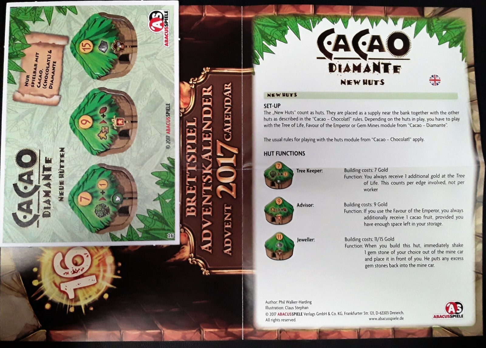 2017 ADVENT Calendar Promo 16 CACAO DIAMANTE NEW HUTS Brettspiel Game