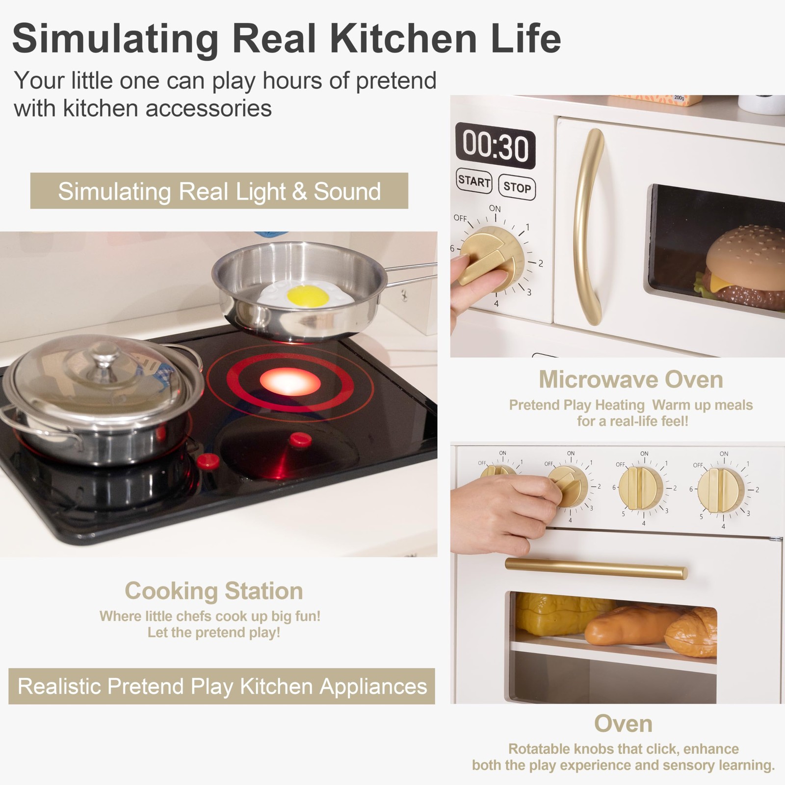 Kids Kitchen Playset Wooden Realistic Lights Sounds 19 Accessories Warm White
