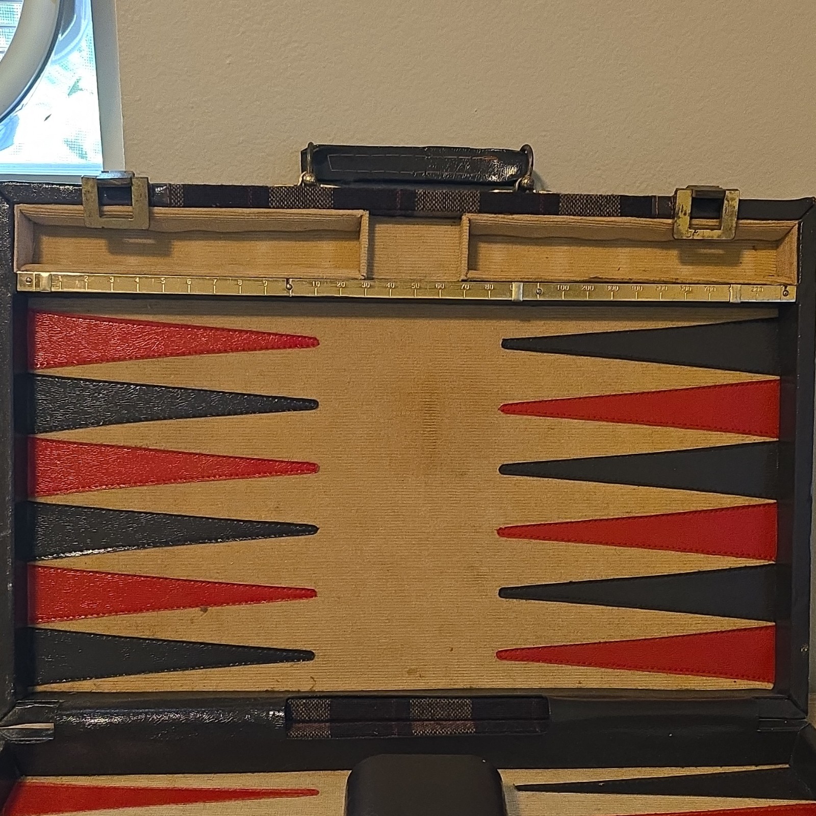 Folding Vintage Aries Backgammon Board Game Set w/ Plaid Carry Case, 2 Players,