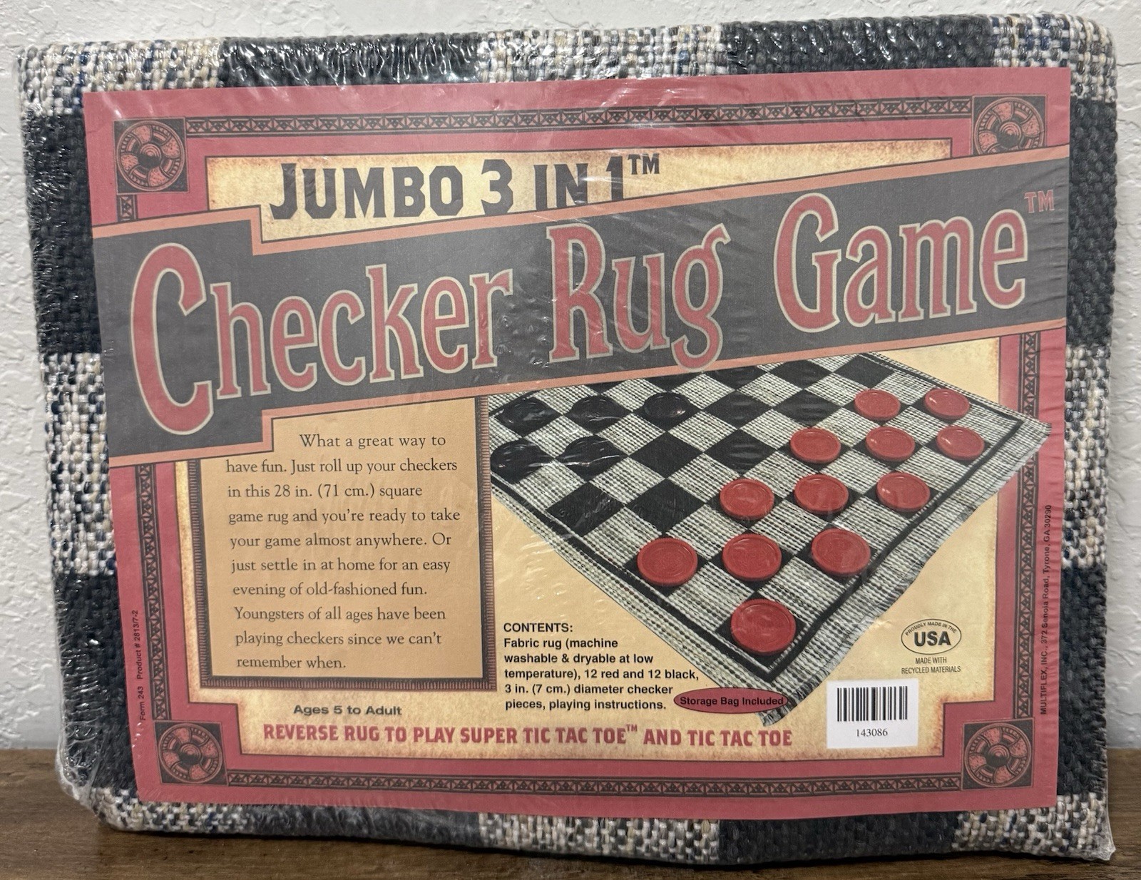 New Cracker Barrel Jumbo 3 In 1 Checker Rug Game Reversible Tic Tac Toe USA Made