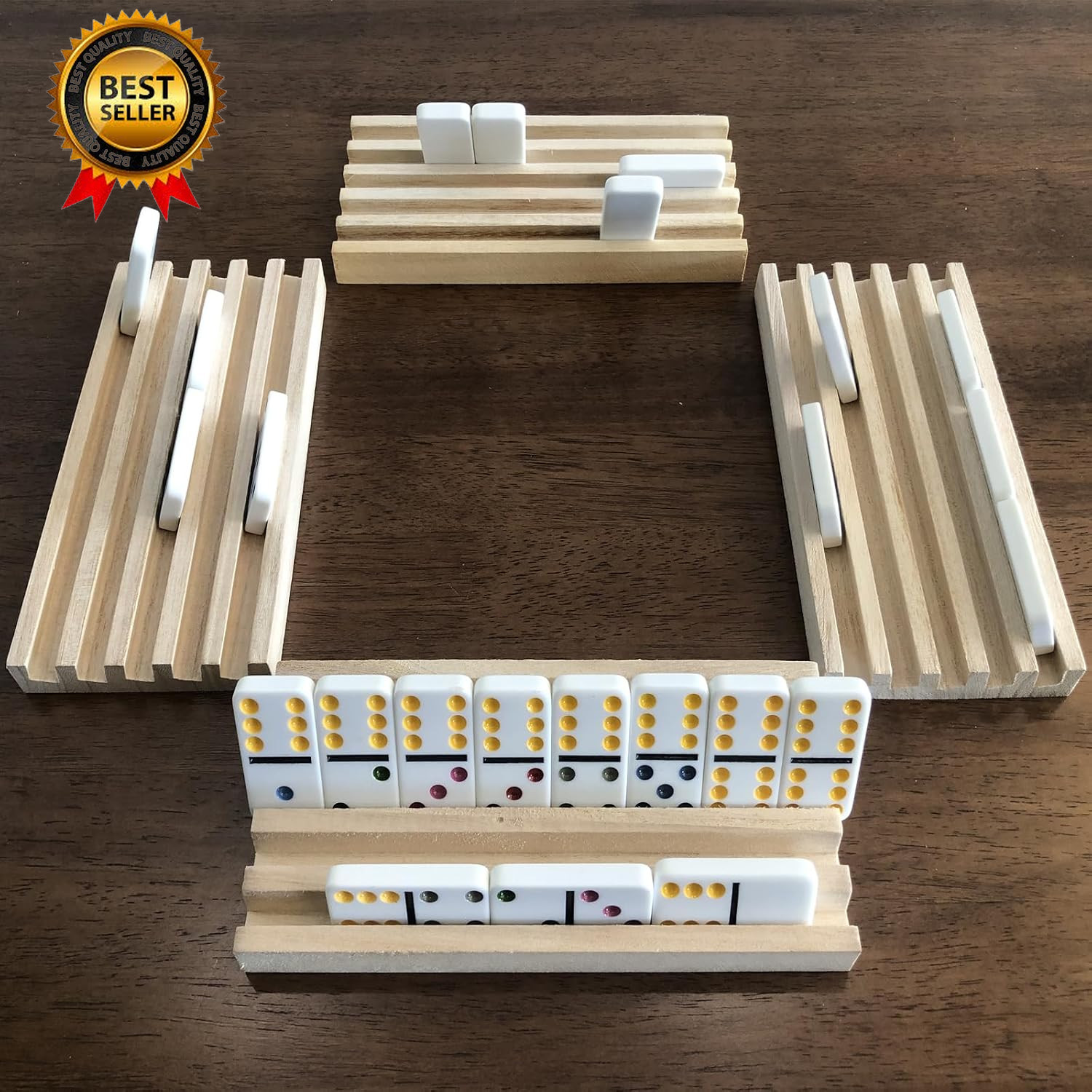 Domino Holder Trays Rack – Set of 4 Wooden Tiles Stand Holders for Mexican Train