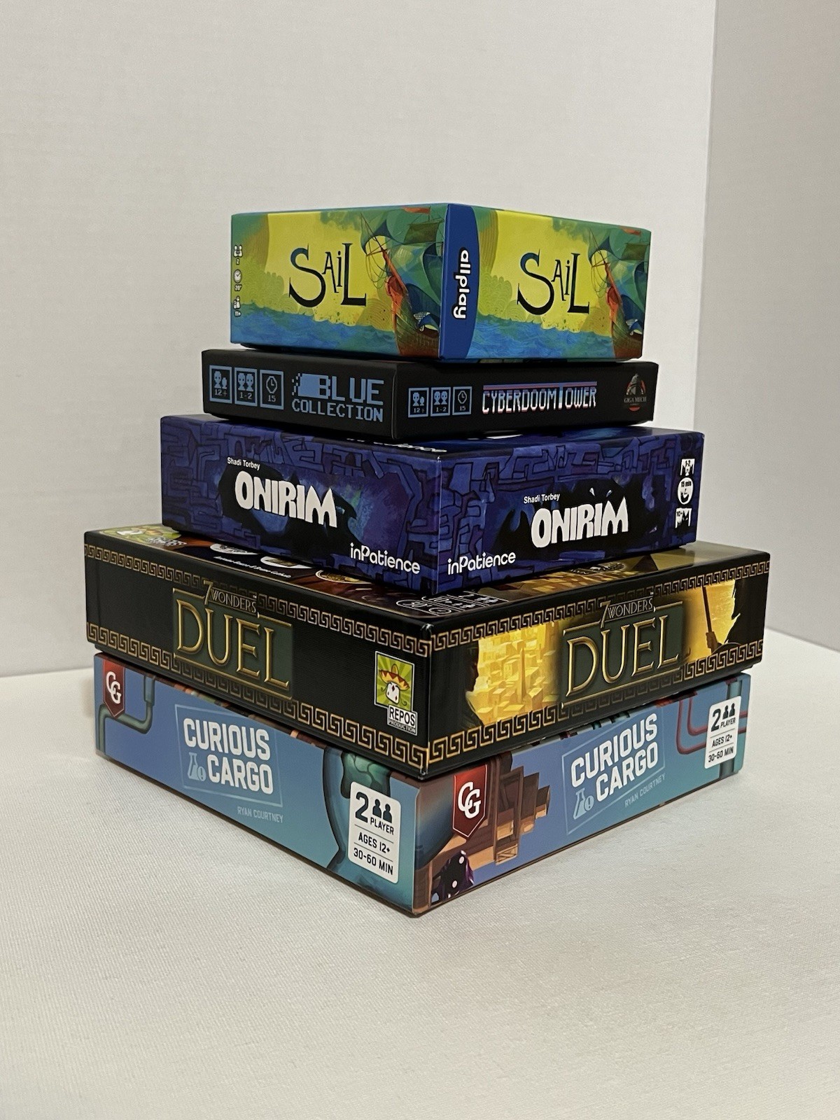 Barely Used 2Player Board Game Lot Sail 7 Wonders Duel Curious Cargo Onirim Doom