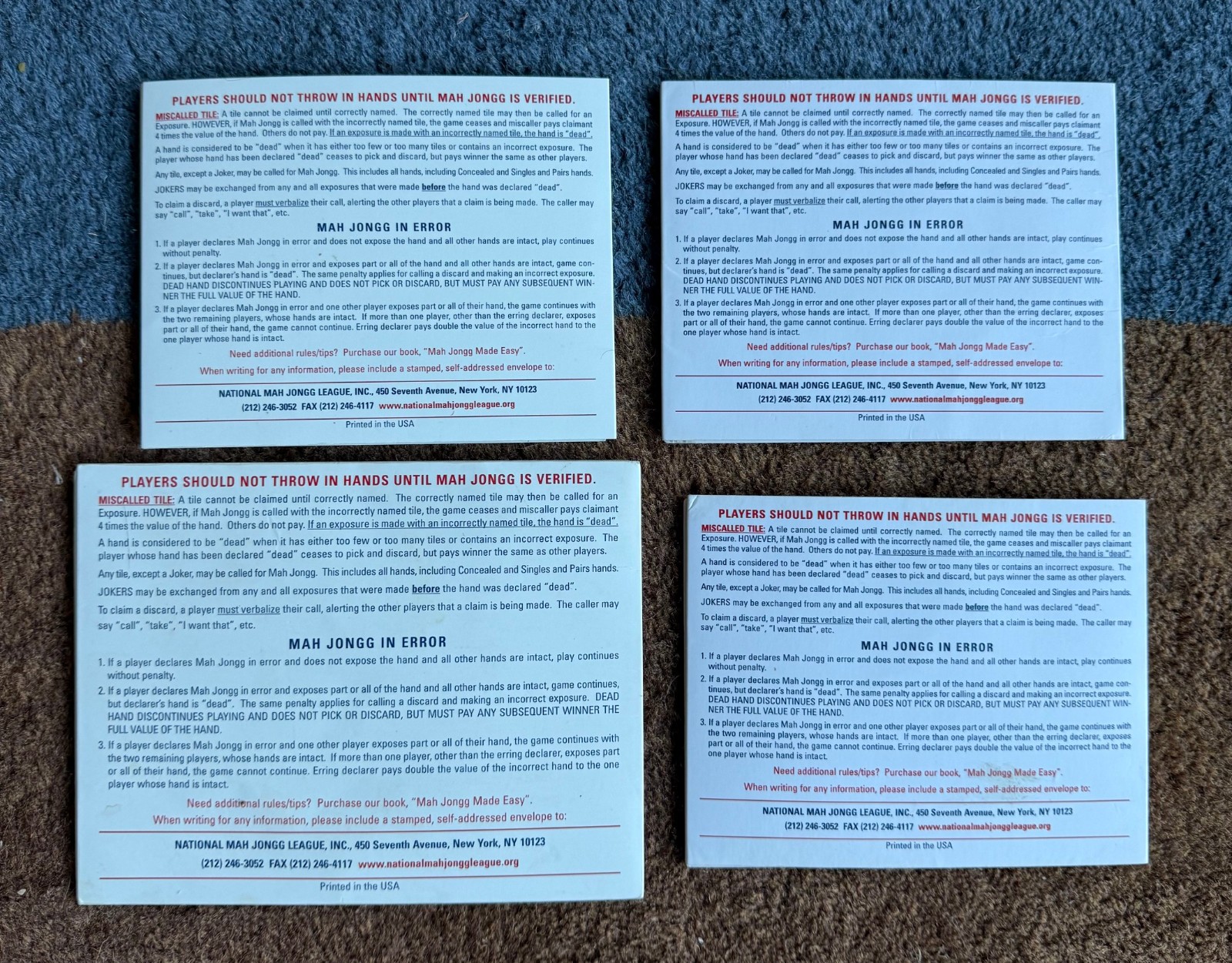 8 National Mah Jongg League Standard Hands And Rules Cards 2019 – 2022 (2 each)
