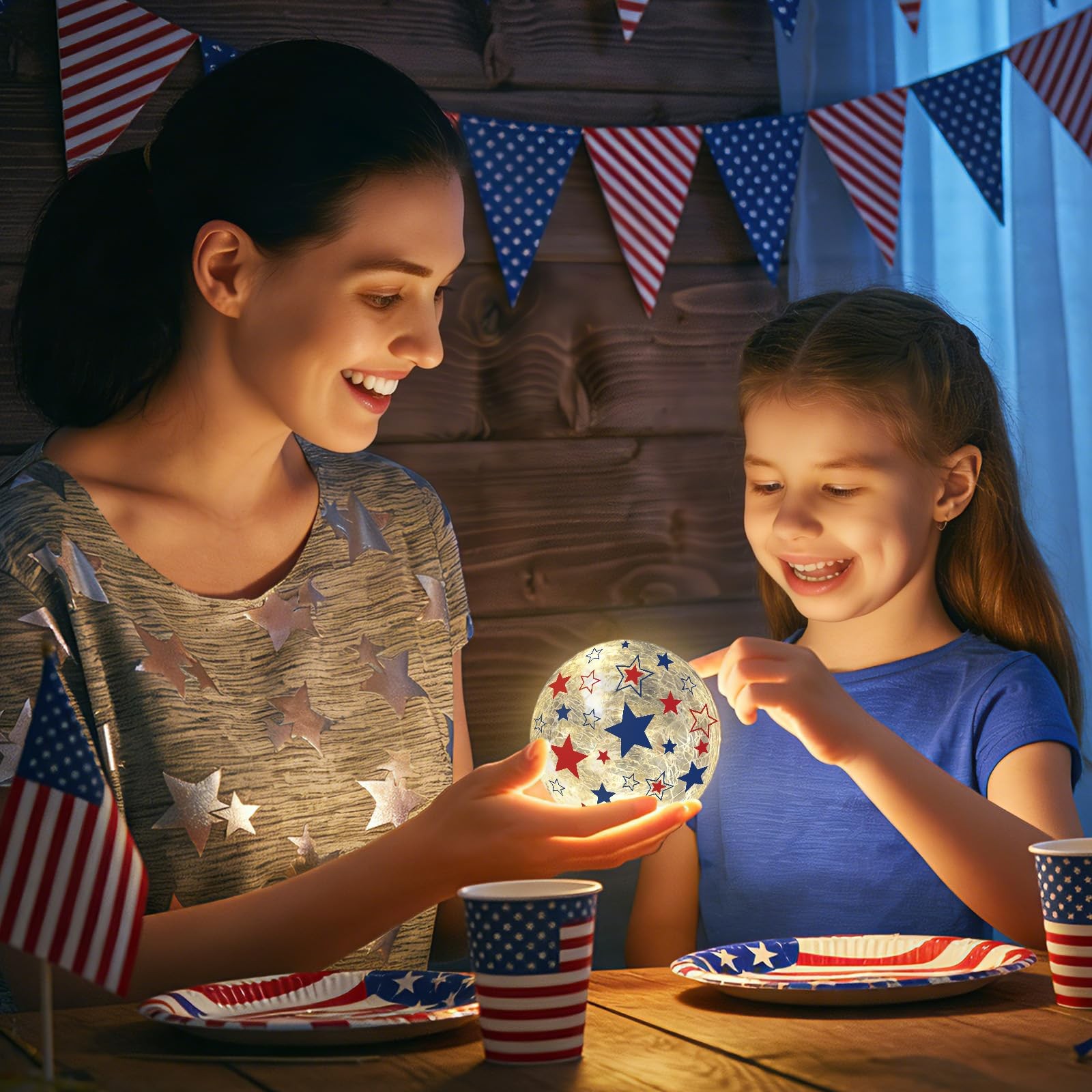 Patriotic Lighted Decorative Glass Ball 4th of July Party Decoration 4.7/6 in