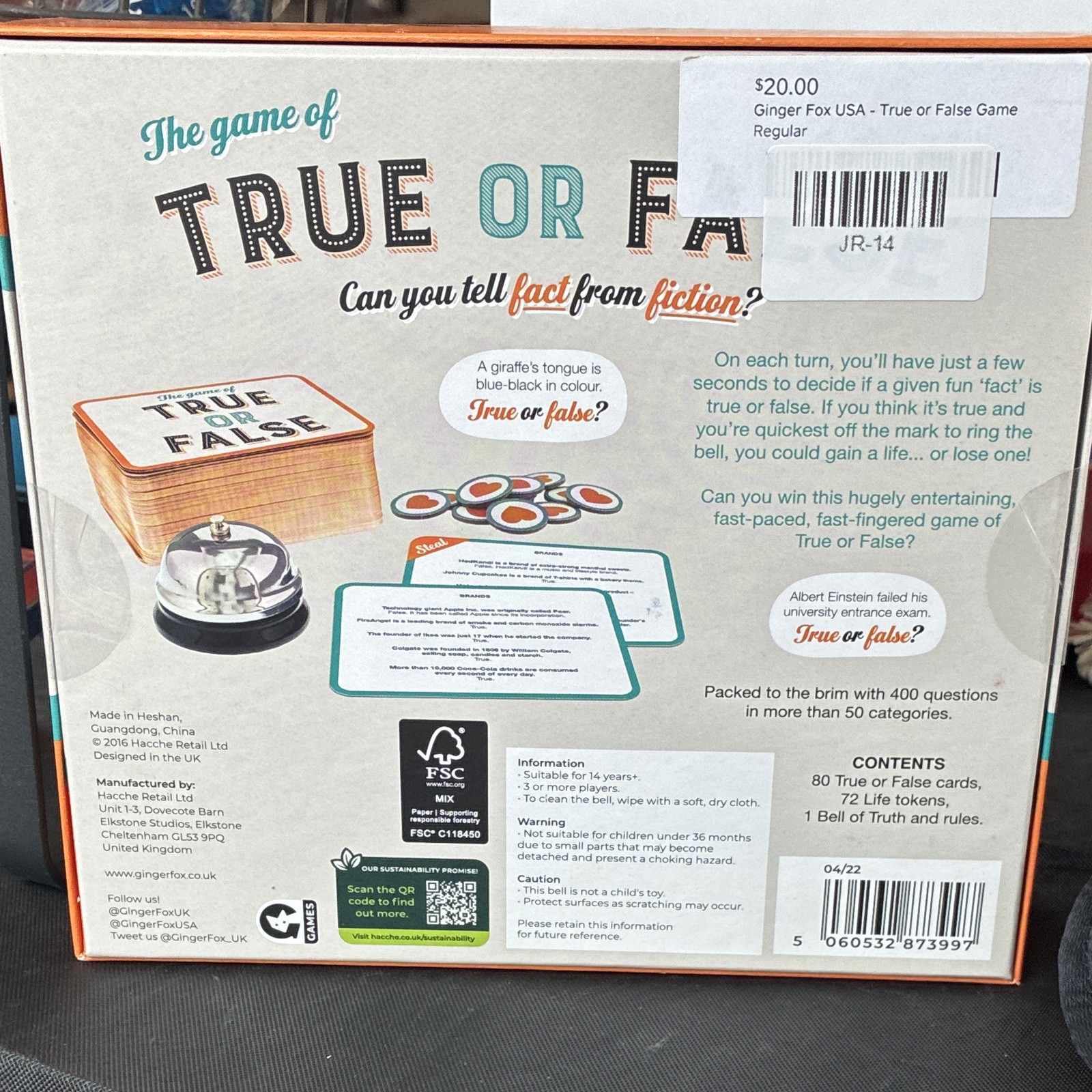 Ginger Fox True Or False Trivia Card Game Bell of Truth 14+ 3+ Players