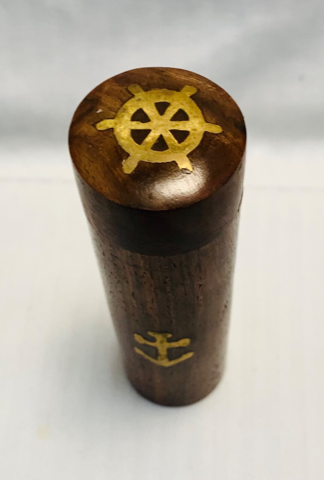 New Brass & Wood Inlaid Cylinder Set with 5 Brass Di Dice Gaming Take Along