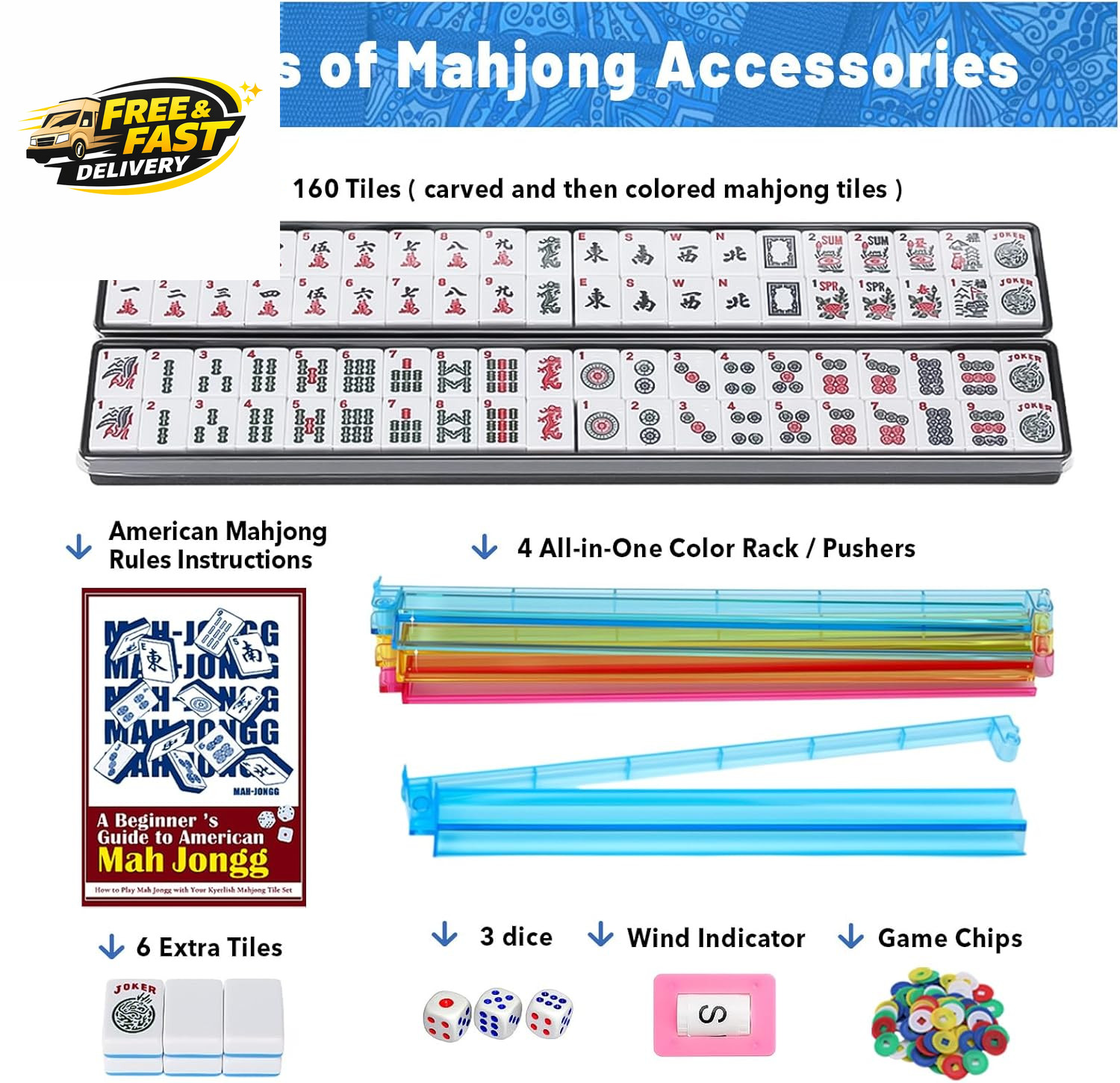American Mahjong Tile Set with Blue Printed Carrying Bag, 166 Premium Tiles, 4 A