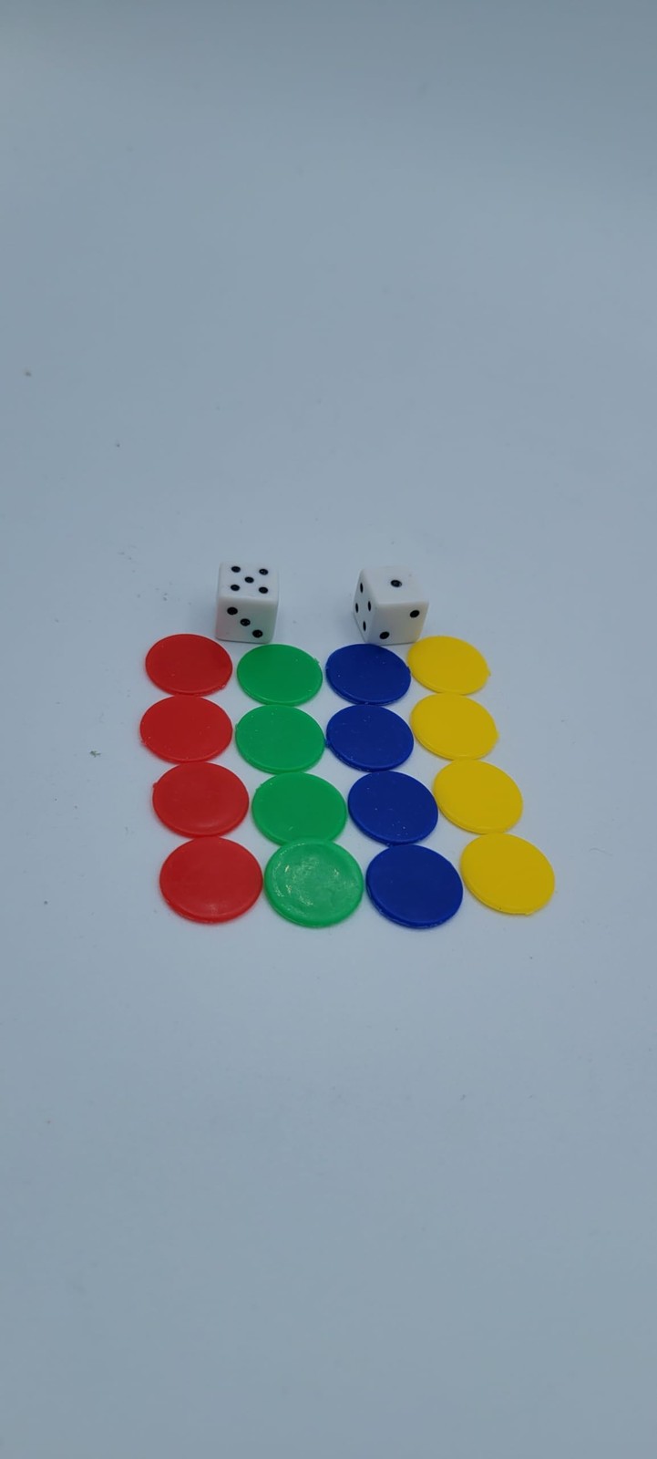Ludo Seeds, green, yellow, blue, red two dice & containerLudo Chips( Seeds and D