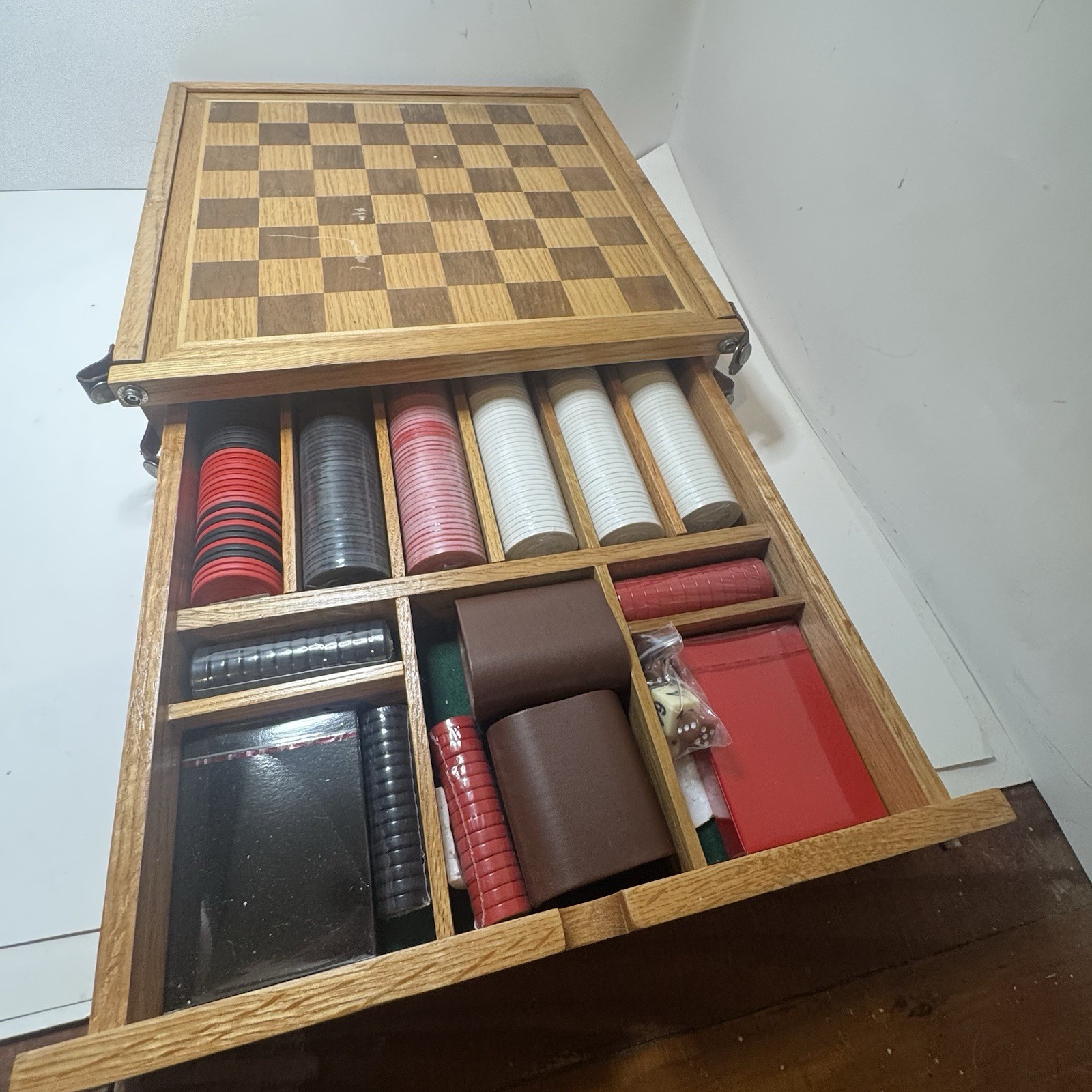 Vintage Wooden Chess Backgammon Game Box Incomplete Poker Chips Dice Cards Case