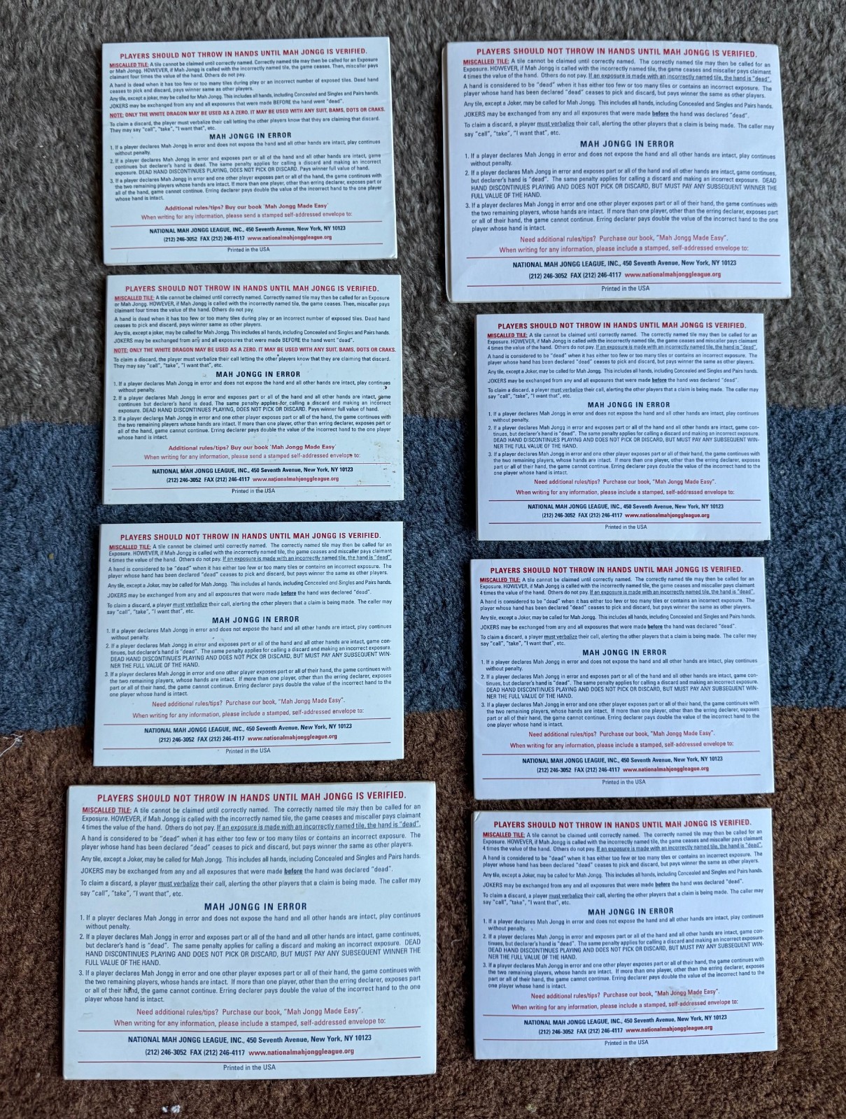 8 National Mah Jongg League Standard Hands And Rules Cards 2019 – 2022 (2 each)