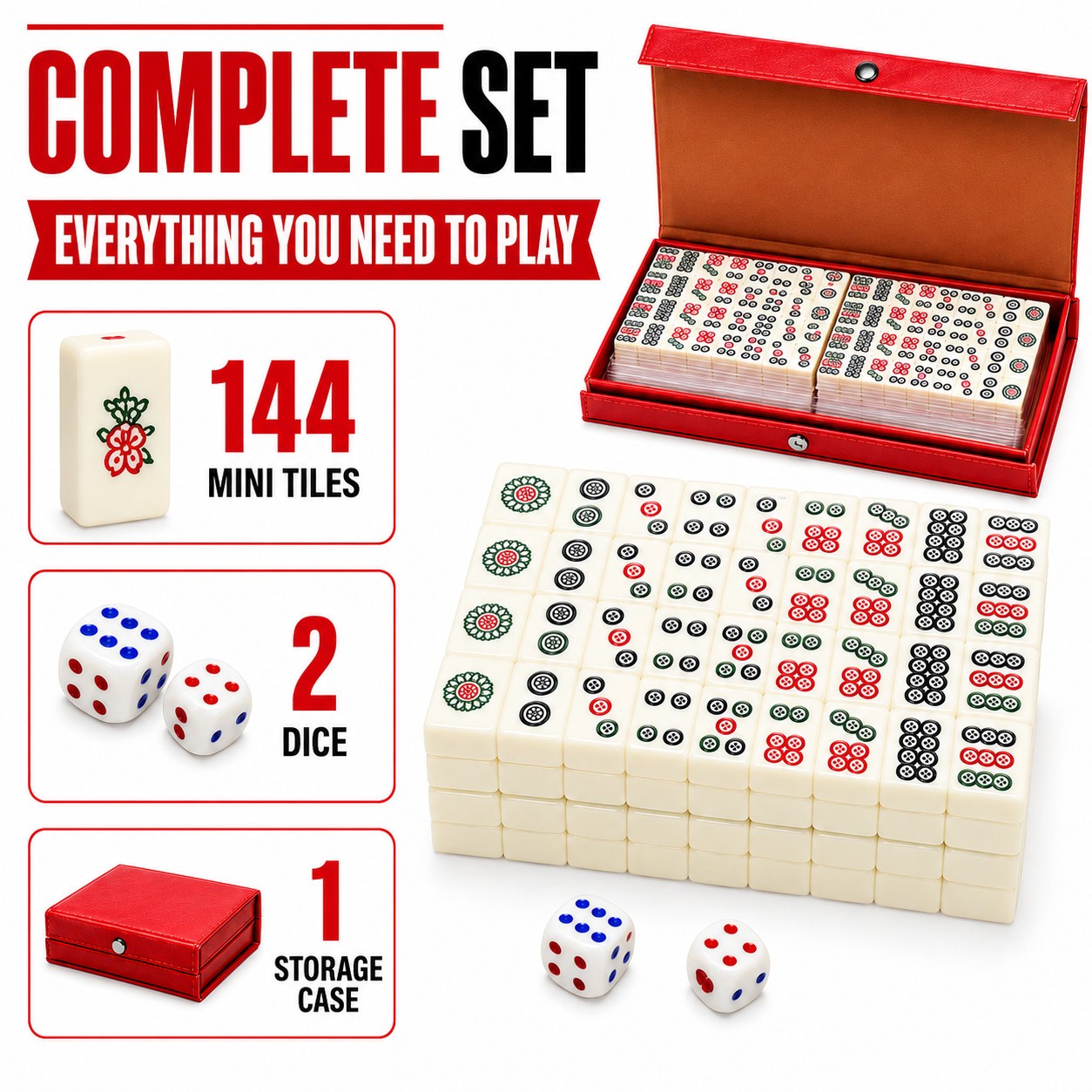 Travel Mini Mahjong Set 144 Tiles 2 Dice Red Carry Case Family Tabletop Game Toy