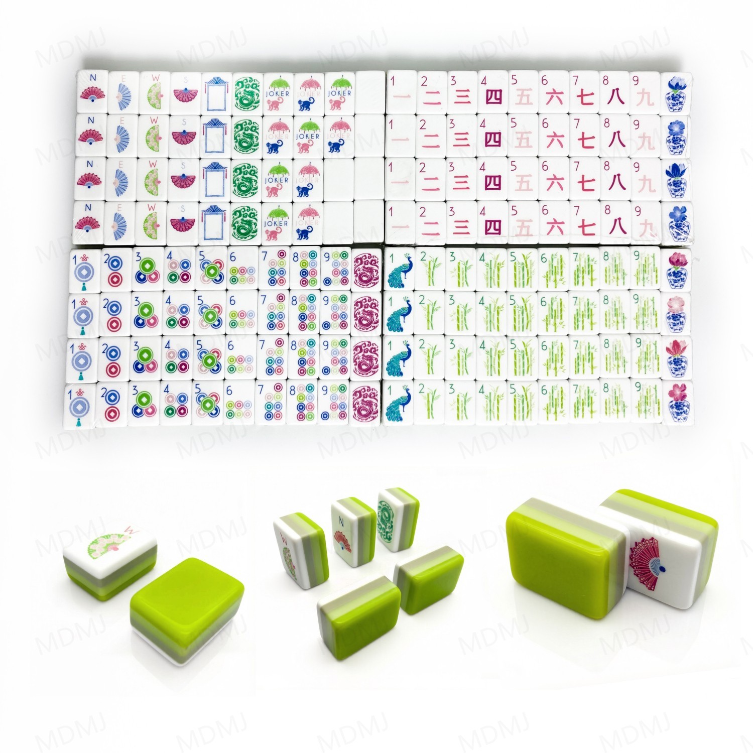 New! Vibrant Layered Mahjong Tiles – Full American Set 160 Tiles – Apple Green