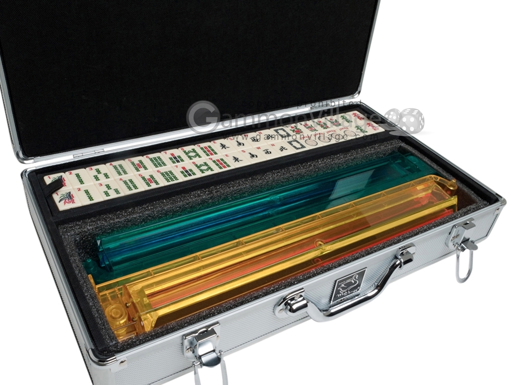 Mahjong Set by White Swan – Ivory Tiles, Modern Pushers, Silver Aluminum Case