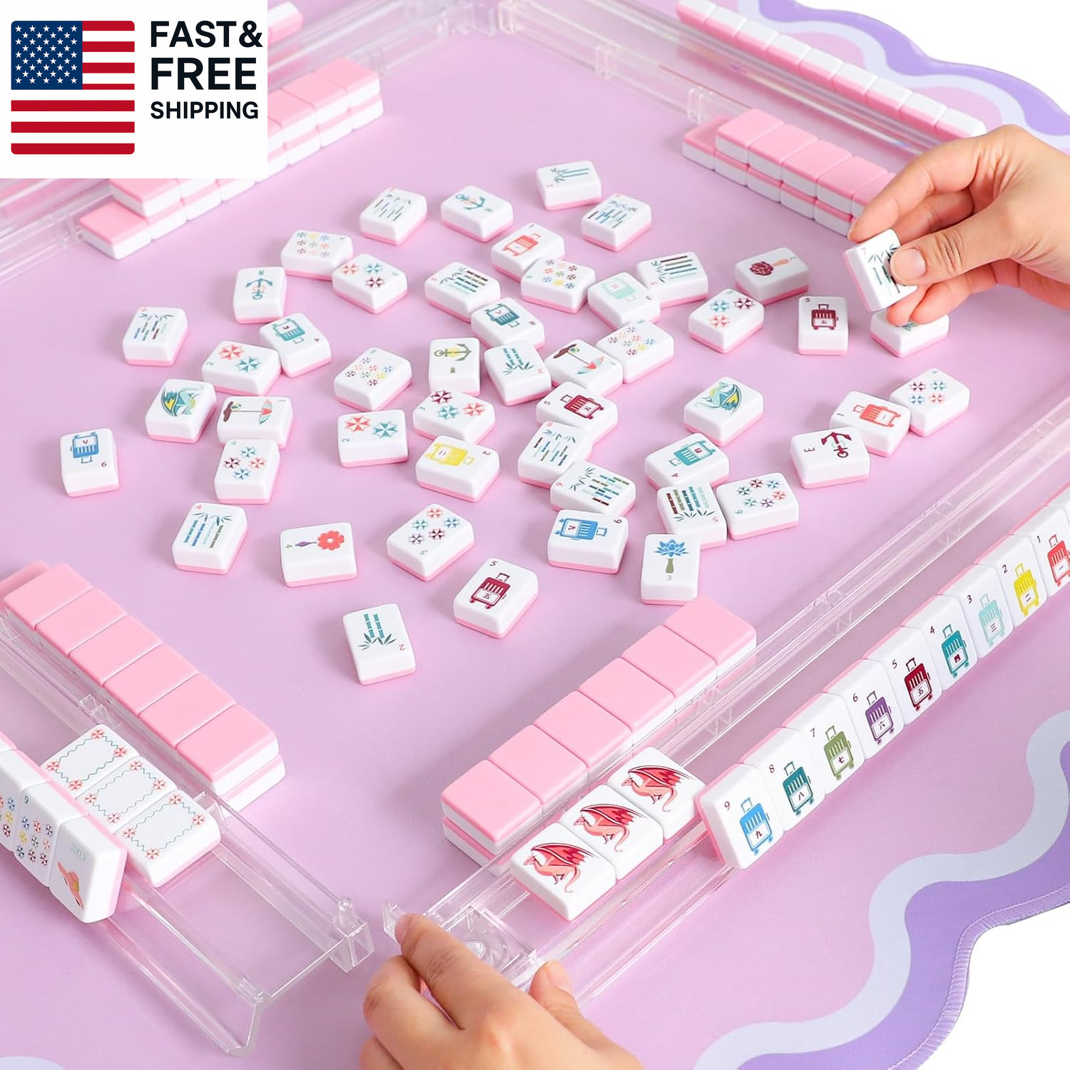 160 Pink Engraved American Mahjong Game Set with Carrying Bag and Accessor