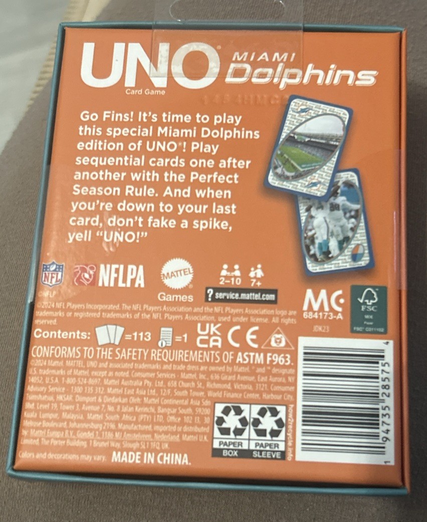 NEW 2024 Uno Fandom NFL Miami Dolphins Card Game Deck