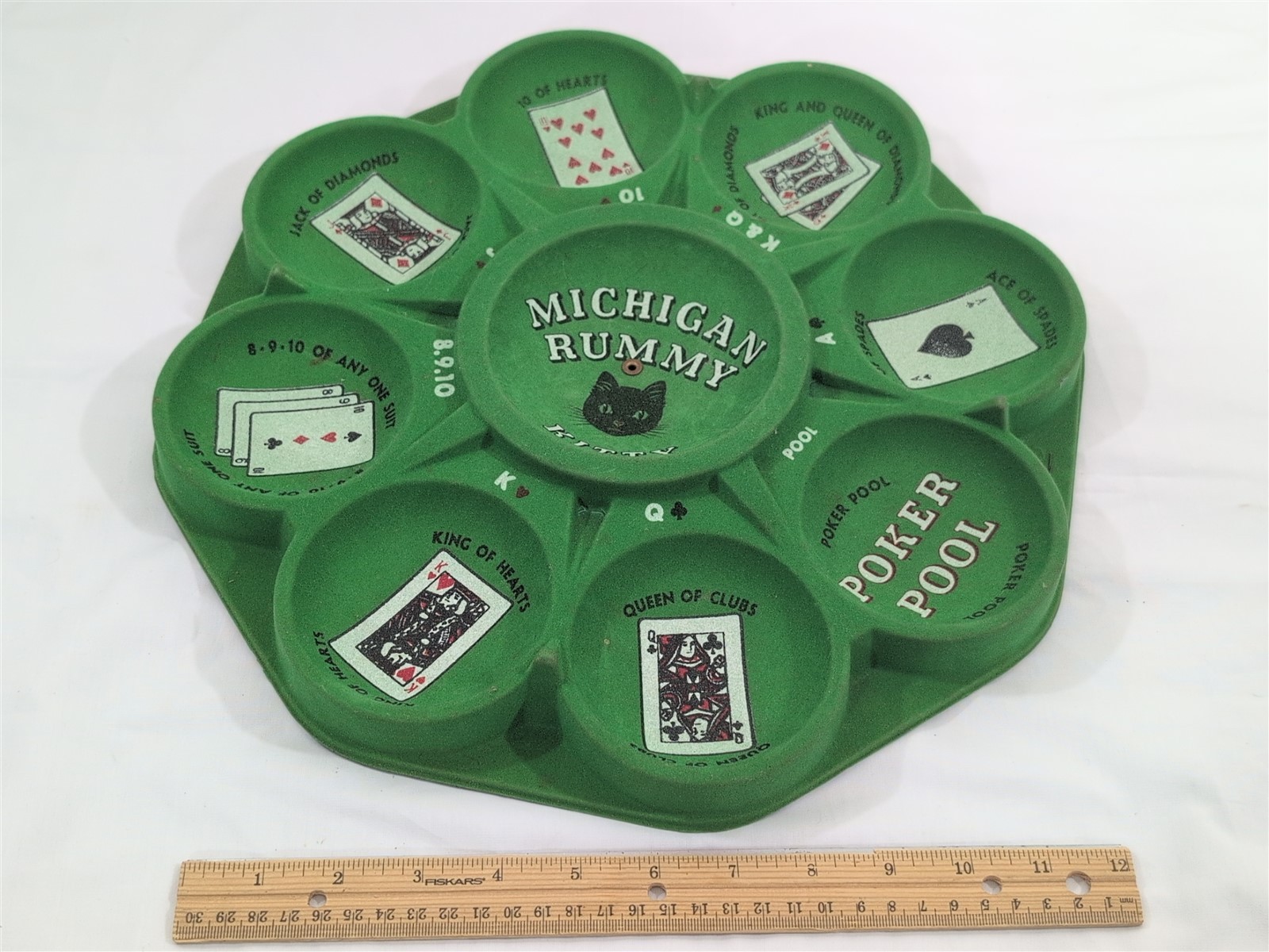 Vtg Michigan Rummy Black Cat Revolving Tray Green FELTED w/ Box RARE! Party Game