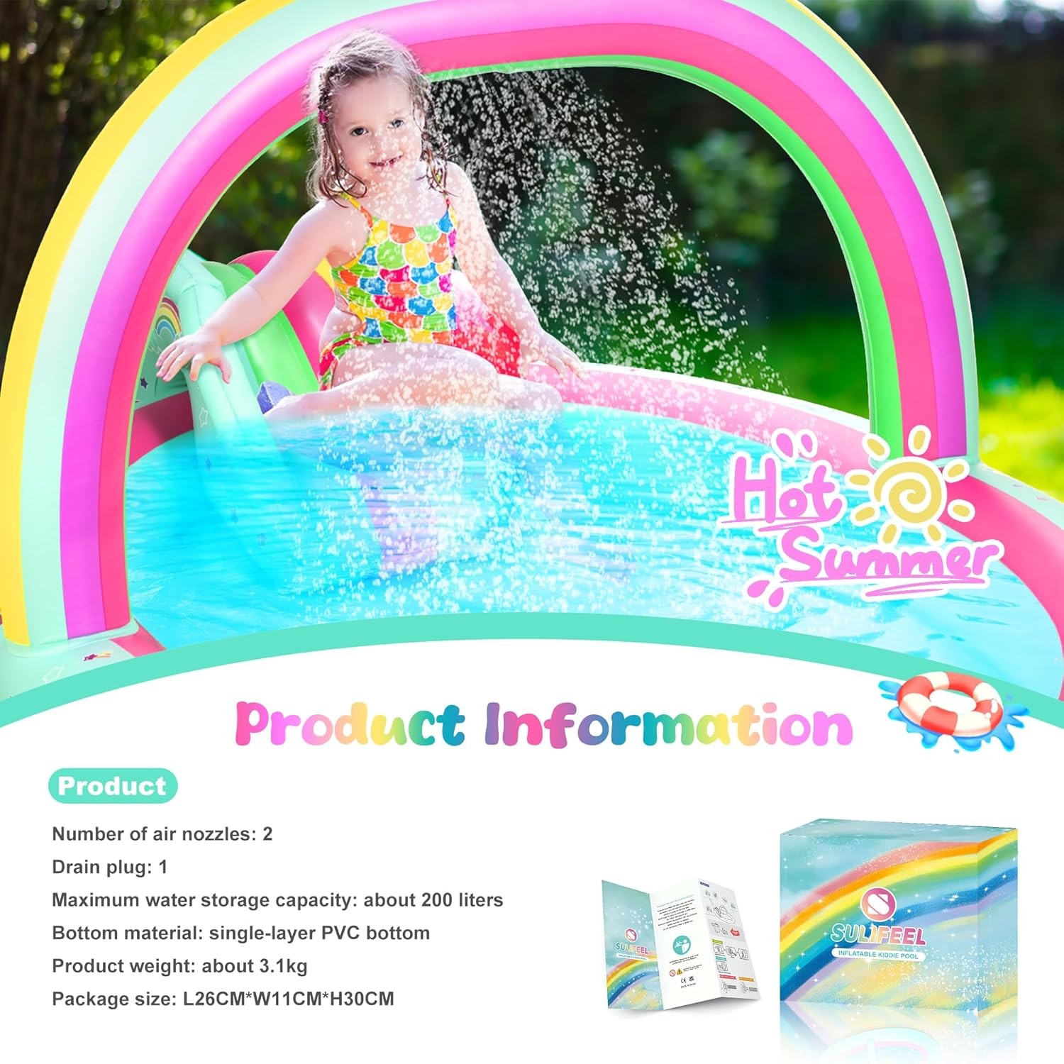Rainbow Unicorn Inflatable Play Center Kiddie Pool W/ Slide & Sprinkler Children