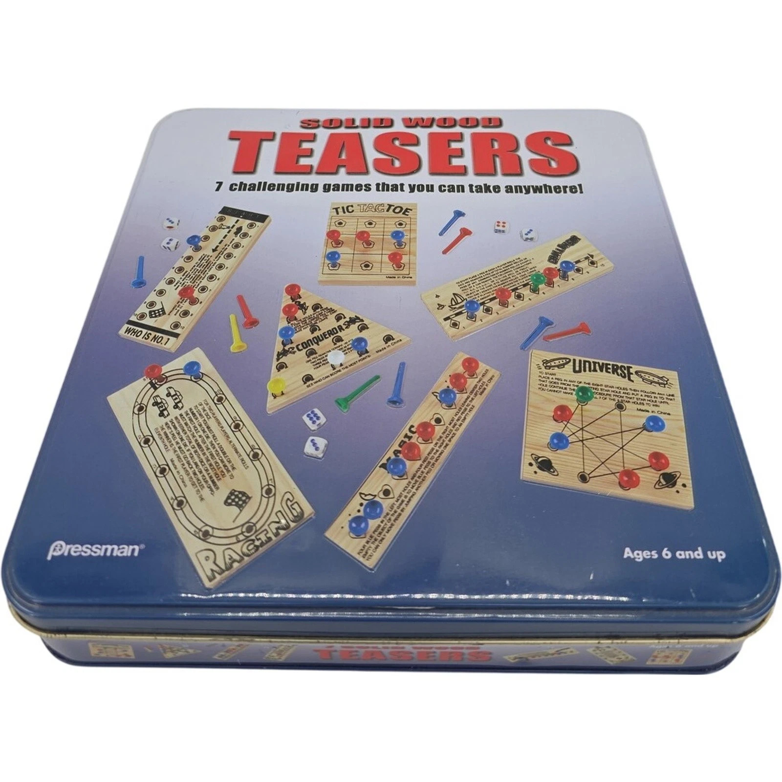 Pressman Solid Wood Teasers 7 Travel Puzzle Games Set w/ Tin Box #1806