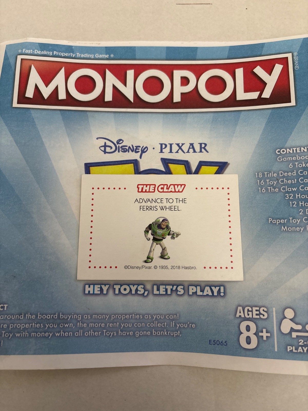 2018 Monopoly Toy Story Advance To The Ferris Wheel Chance Claw Card Game