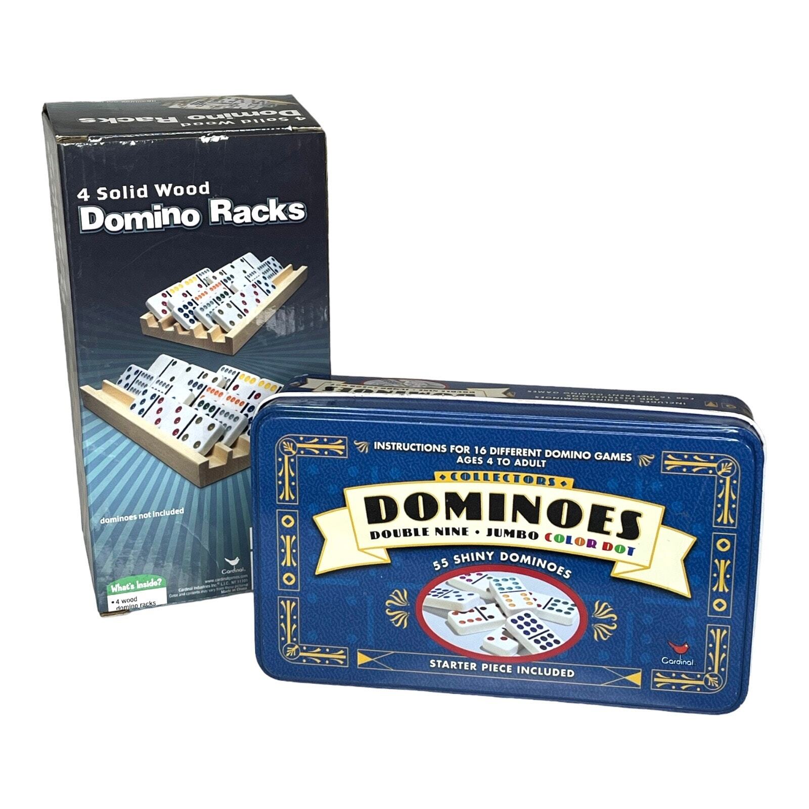 VTG Set 55pc Double Nine JUMBO Color Dot DOMINOES + 4 Wooden DOMINOE RACKS New