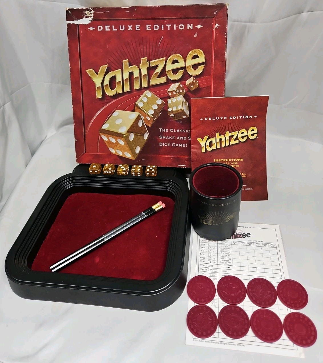 Yahtzee Deluxe Edition Gold Dice Vintage 1997 Game Shake, New Pencils Complete