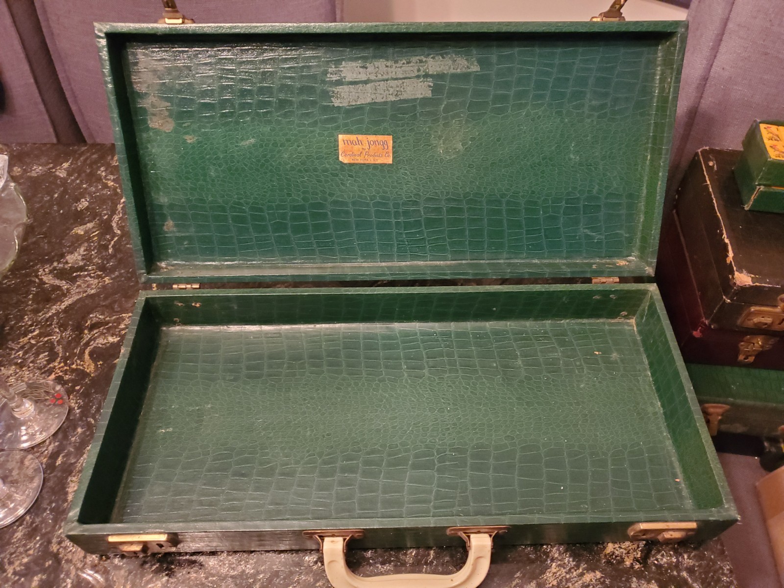 Vtg 1940s Cardinal Mahjong Set Green Alligator Case Standing Pheasant 164 Tiles