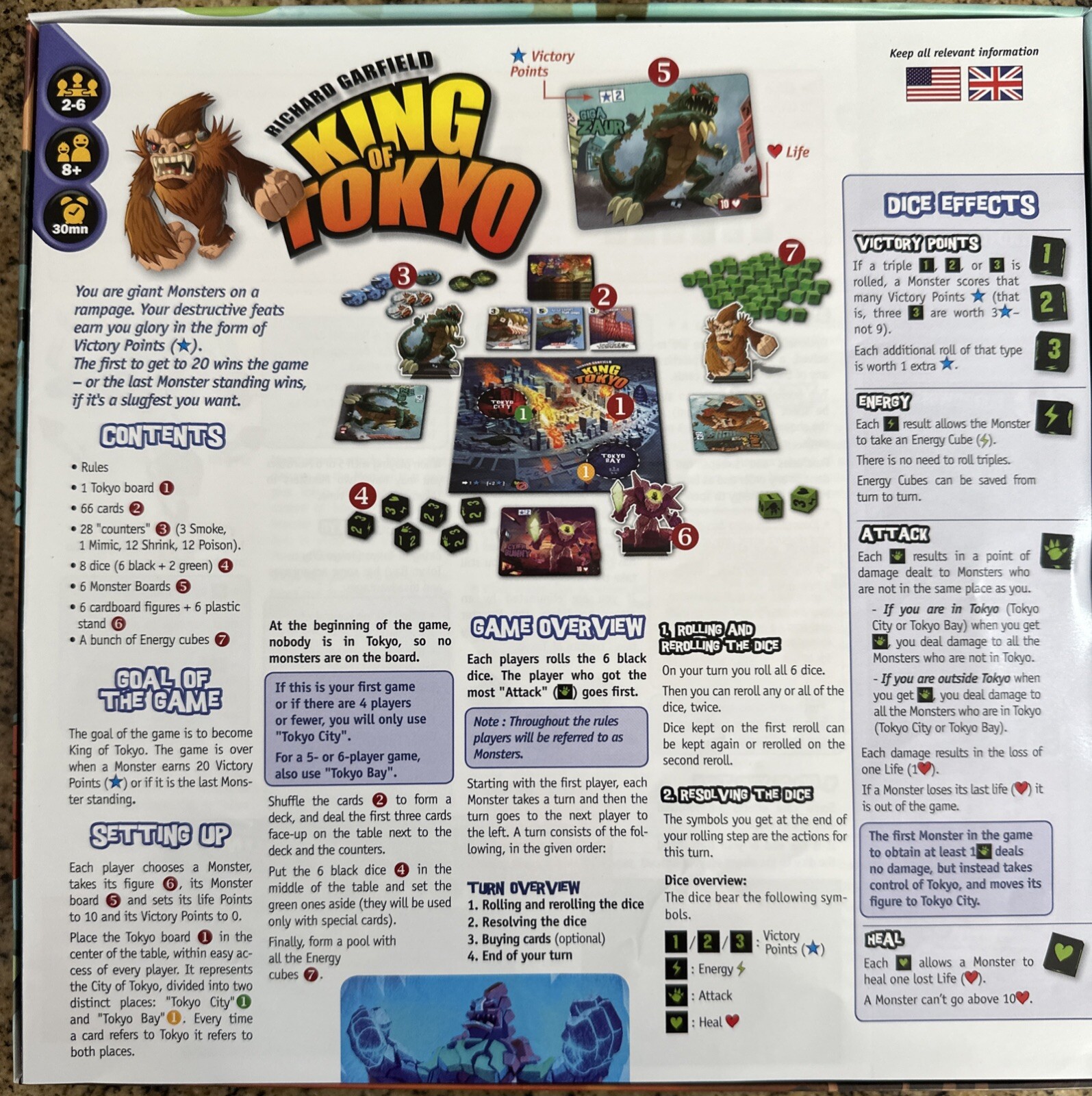 King of Tokyo Board Game COMPLETE Iello 2015 GigaMonster Richard Garfield