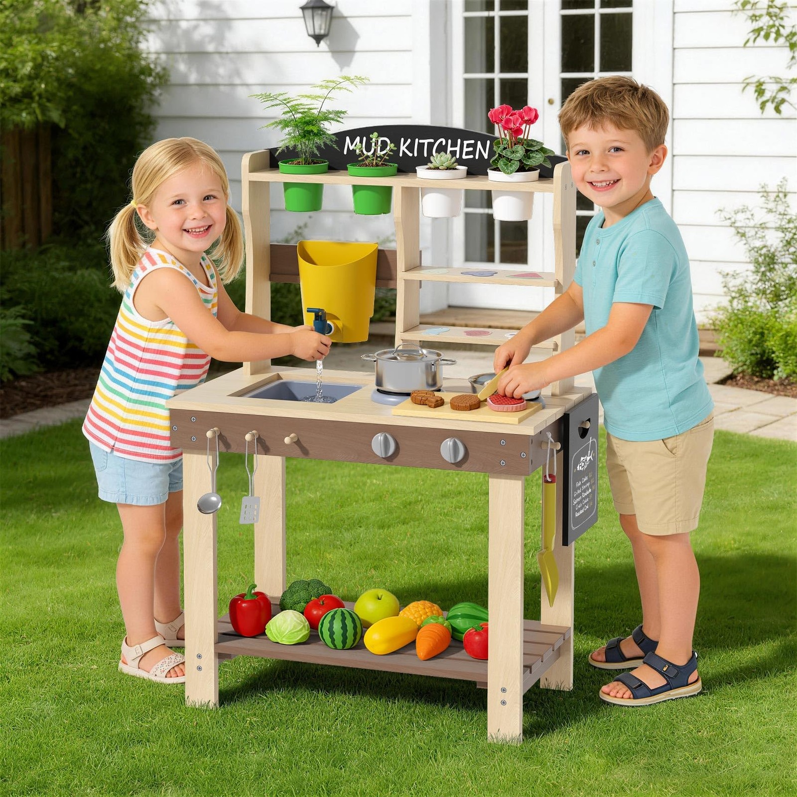 Mud Kitchen Wooden Outdoor Play Sink Faucet Toddlers Brown 35.6 H BIERUM Kids