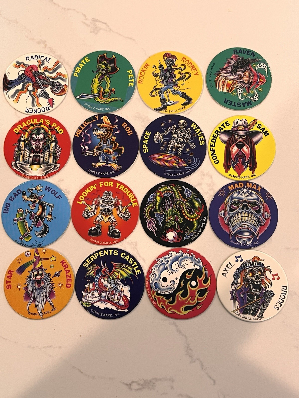 1990s Lot of 16 Kraft Kaps Pogs Slammers Retro Mad Max Alex Rose Pirate Pete