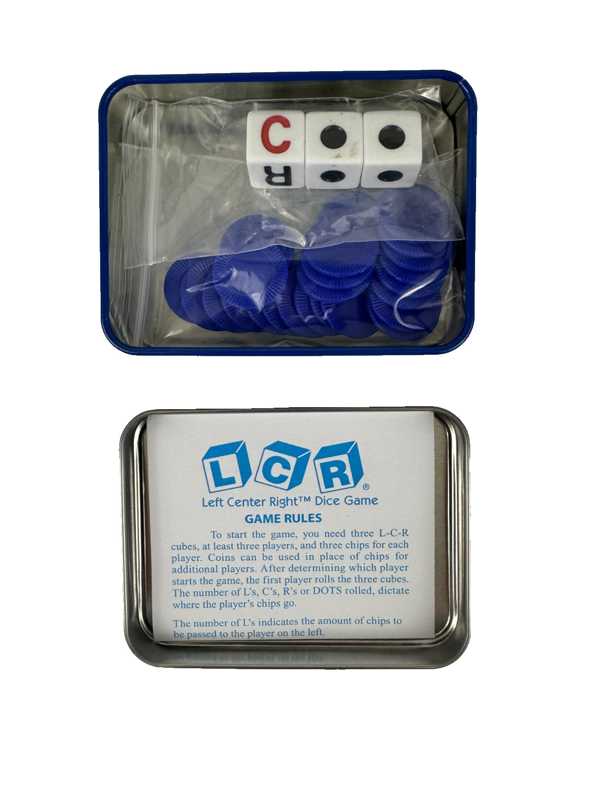 2019 LCR Left Center Right Dice Game Blue Storage Tin Chips Game Rules 29 Pieces