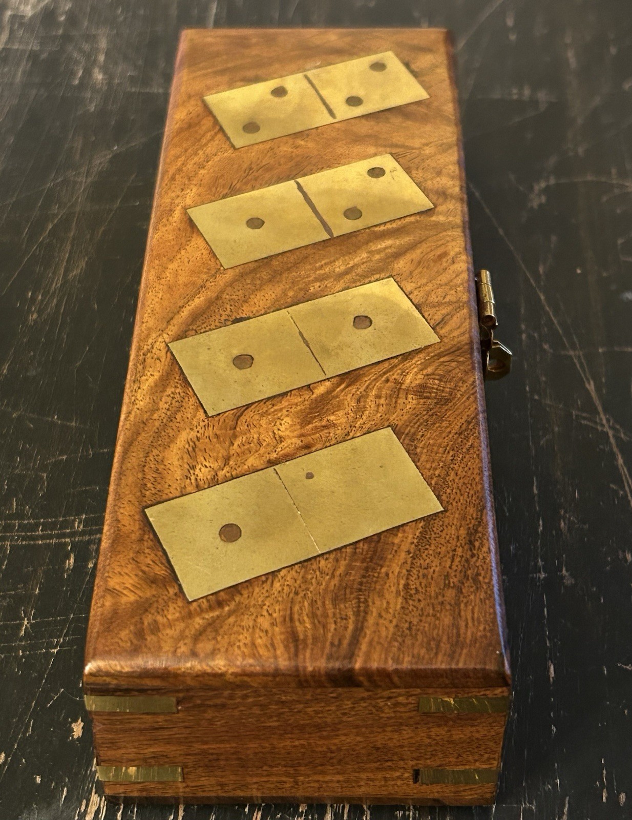 Walnut Wood & Brass Inlay Dominoes Set