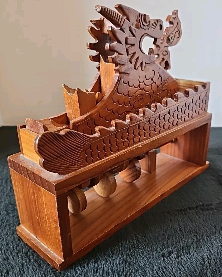 Unique Asian Dragon Themed Handmade Wooden Camshaft Marble Ball Mover Roller Vtg