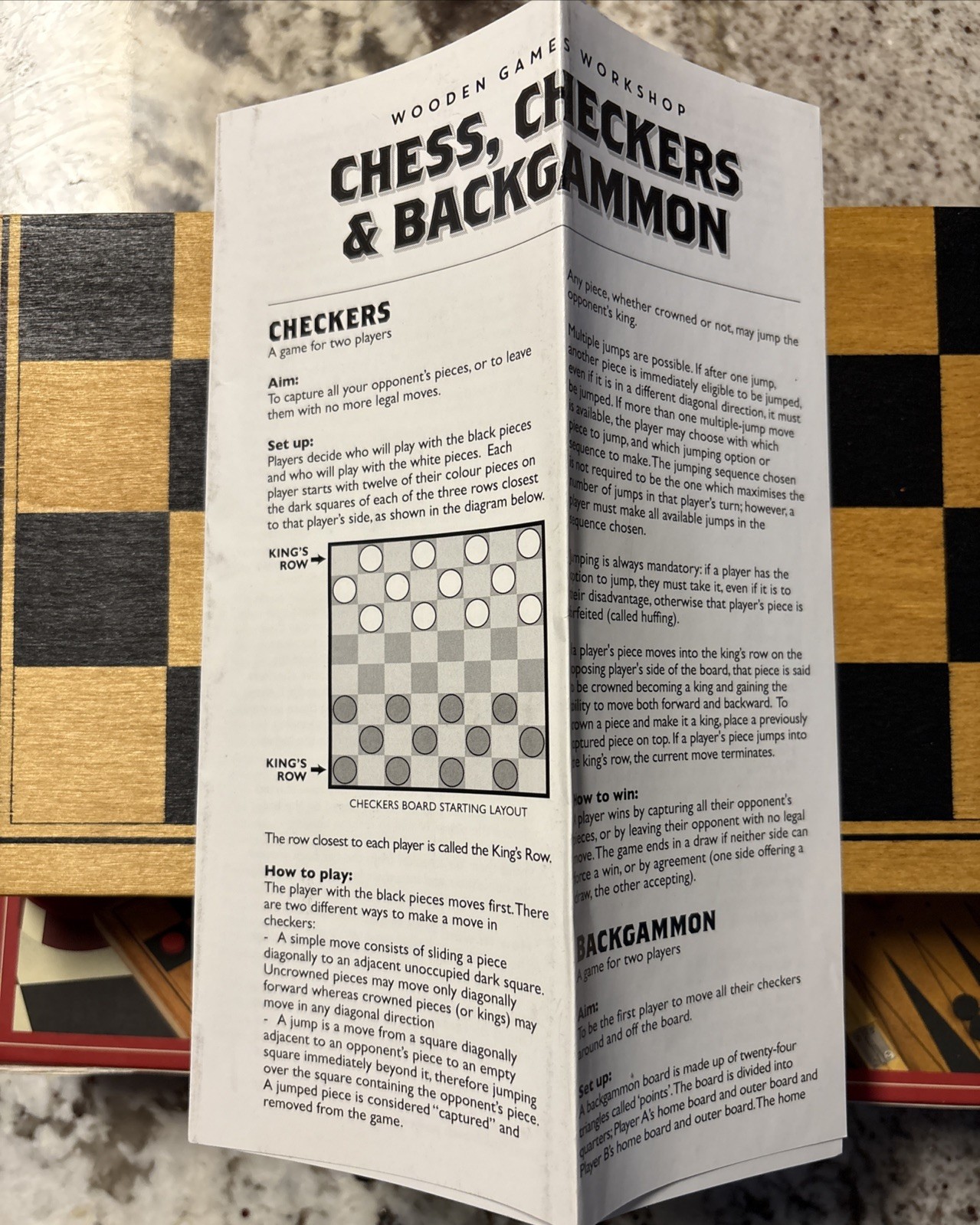 Wooden Chess, Checkers & Backgammon – Portable Three in One Combination Game Set