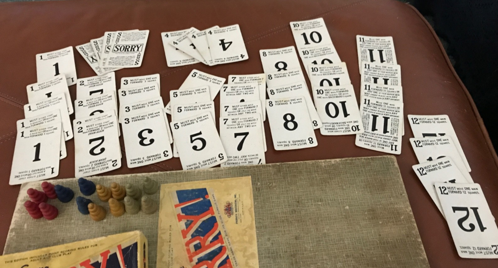 1950 Vintage SORRY Board Game Cards Wooden Pegs instructions 1 blue peg missing