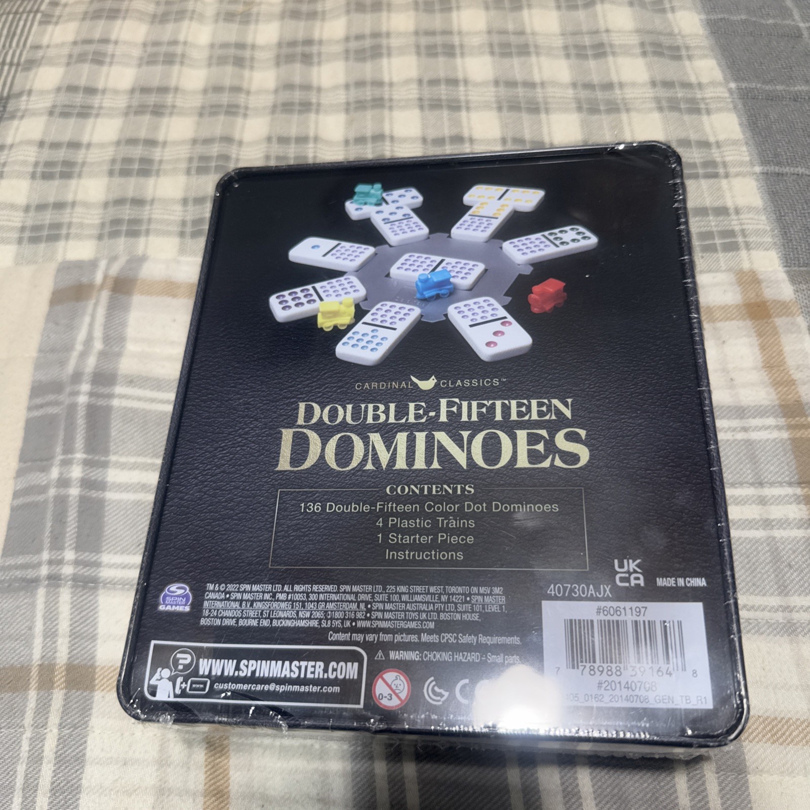 (Dented Box) Double Fifteen Dominoes Set in Storage Tin, for Families and Kids