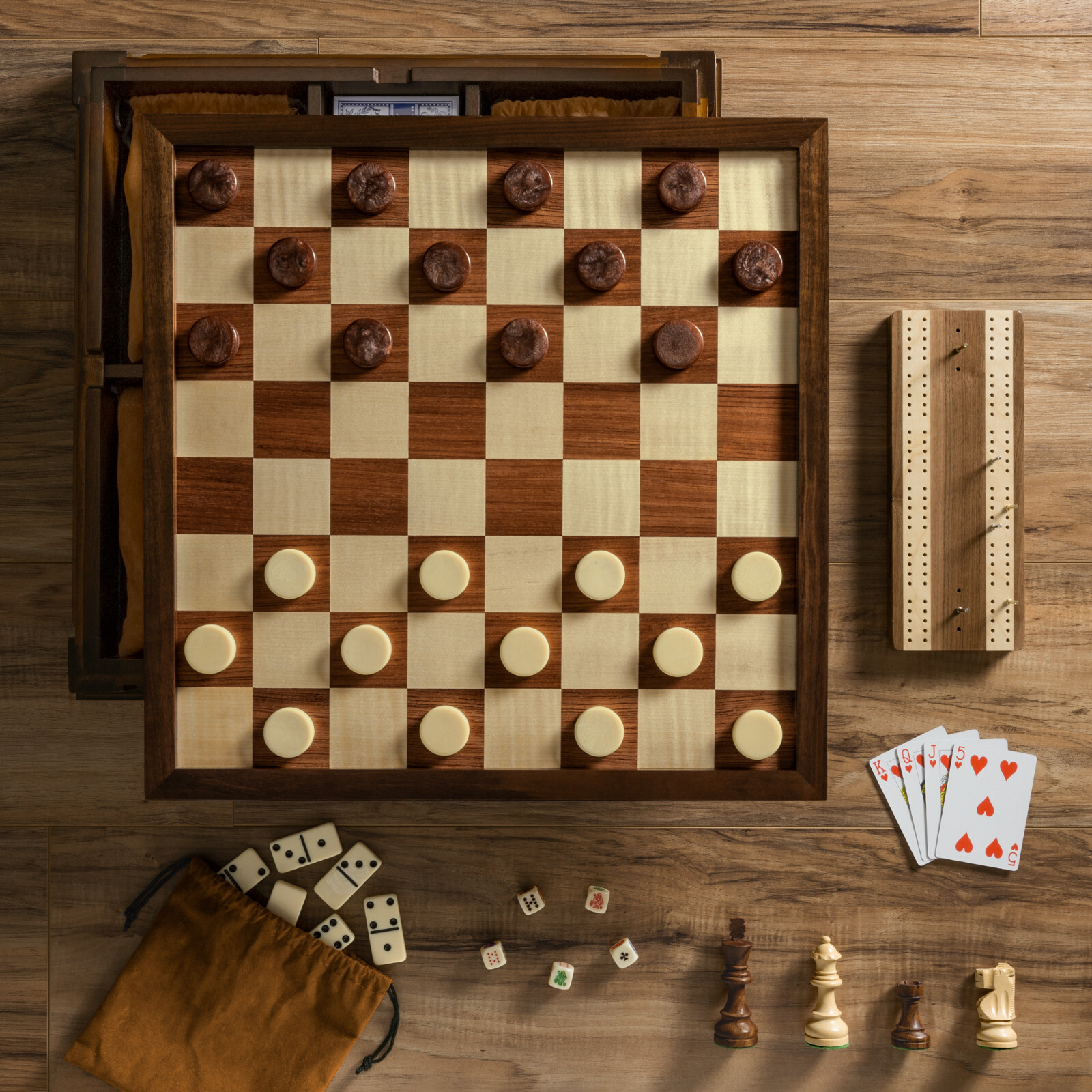 WS Game Company Chess Checkers 7-in-1 Heirloom Edition with Solid Walnut Cabinet
