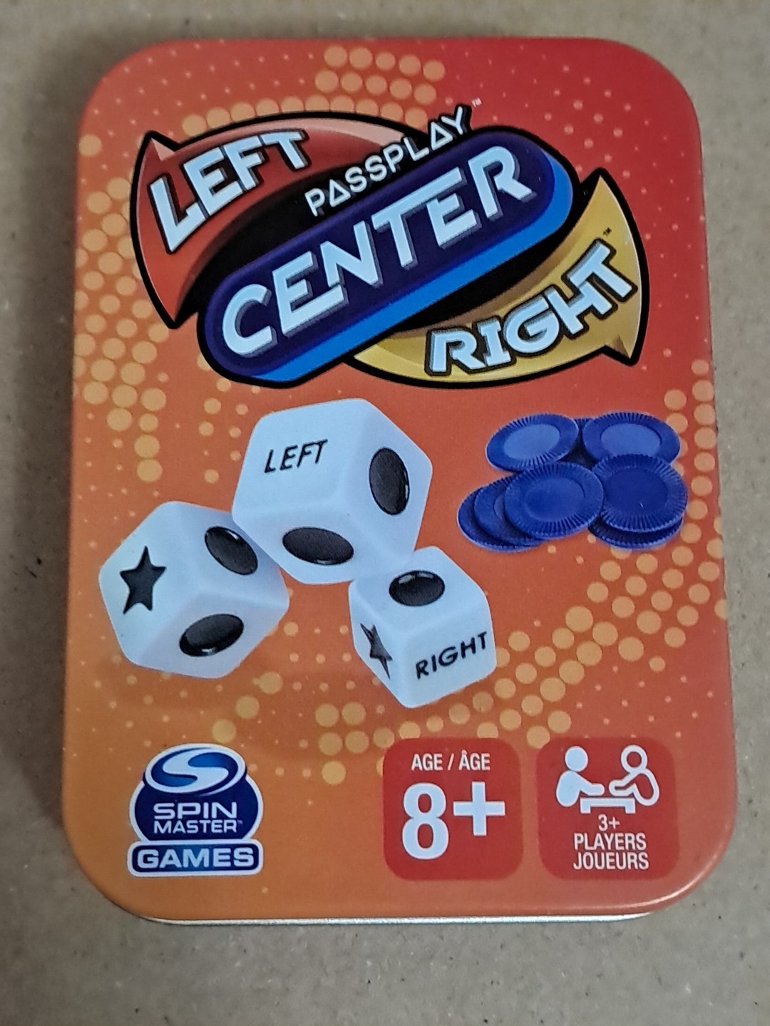 Left Center Right Family Party Game Gaming Orange Tin 8 Years+ Passplay