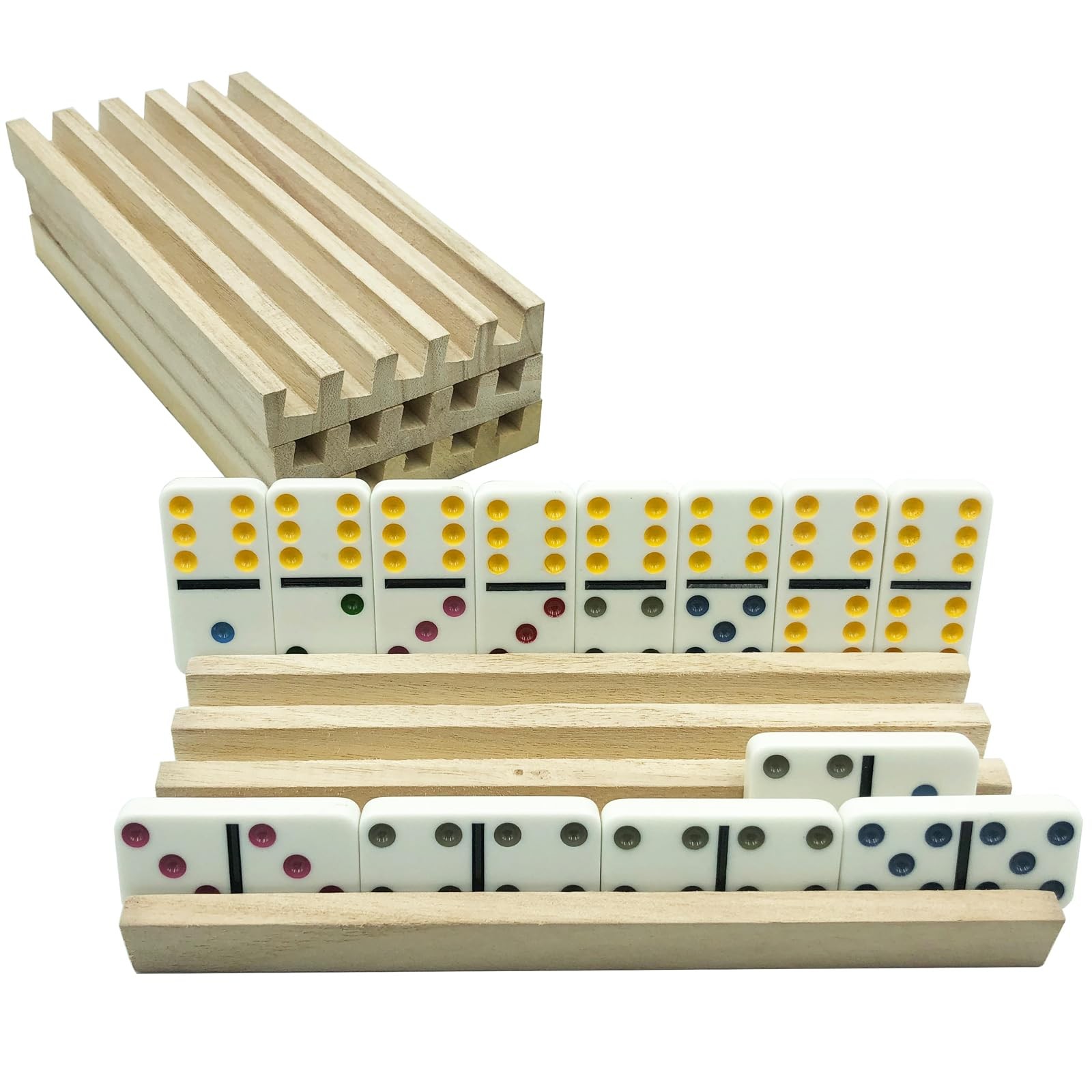 Yuanhe Domino Holder Trays Rack – Set of 4 Wooden Tiles Stand Holders for Mex…