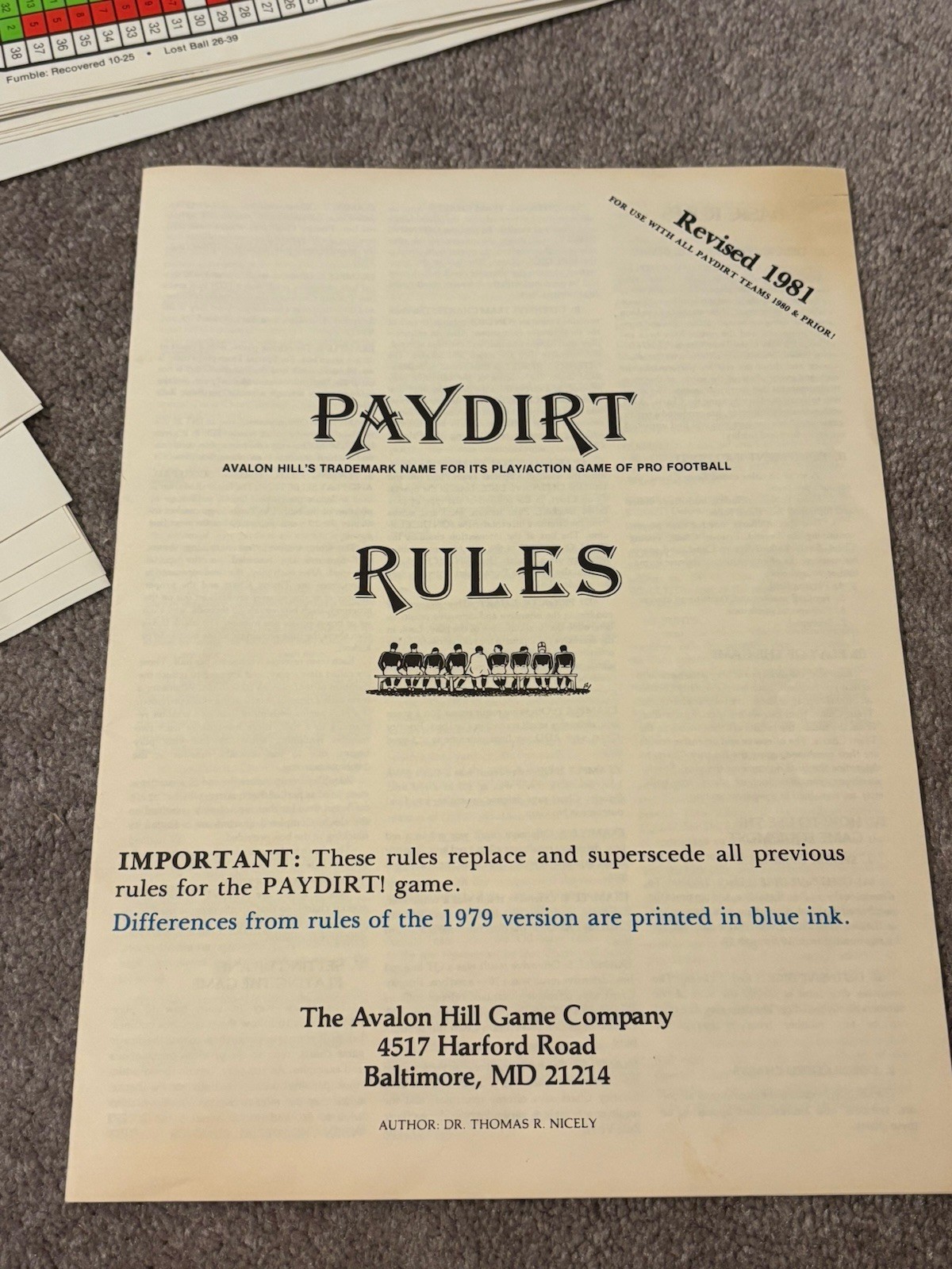 Paydirt Authentic Action NFL Football Board Game 1982 Please Read