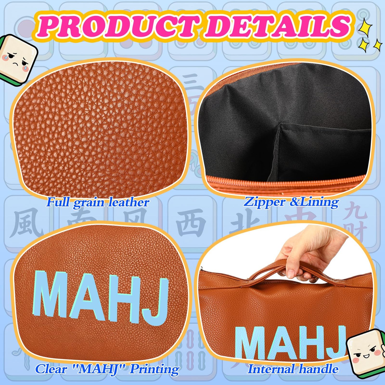 Leather Mahjong Tile Bag with Zipper Handle Lining Mahjong Storage Pouch for …